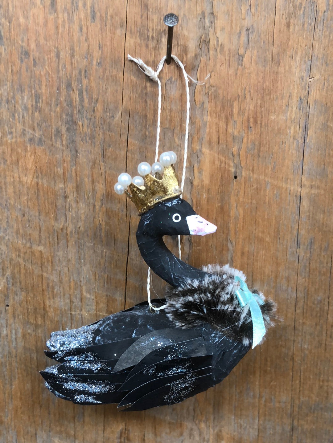 Nobility Black Swan with Crown Paper Mache Ornament