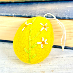 Felt Yellow Egg Ornament Embroidered Flower Pattern