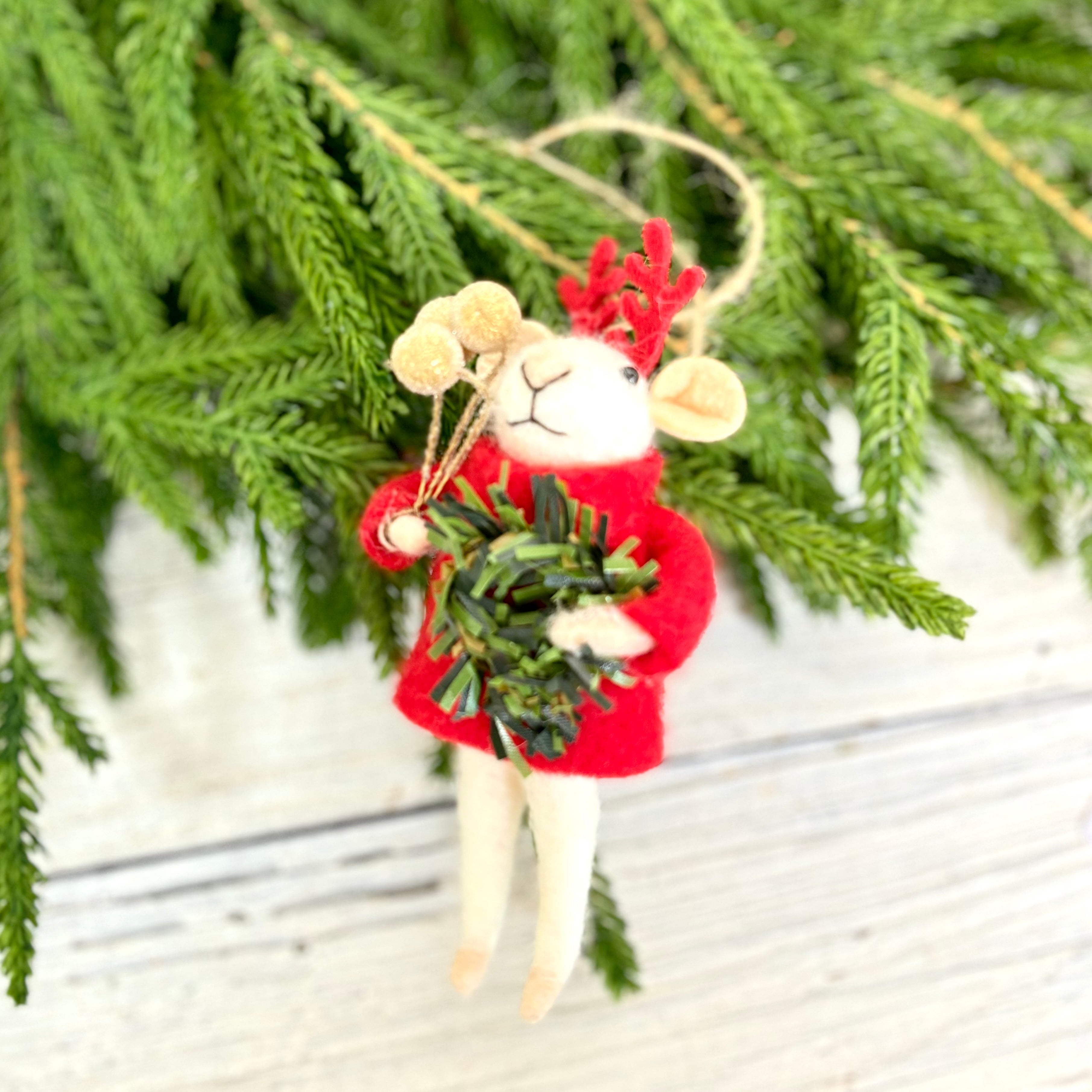 Felt Mouse with Wreath and Gold Berries Ornament