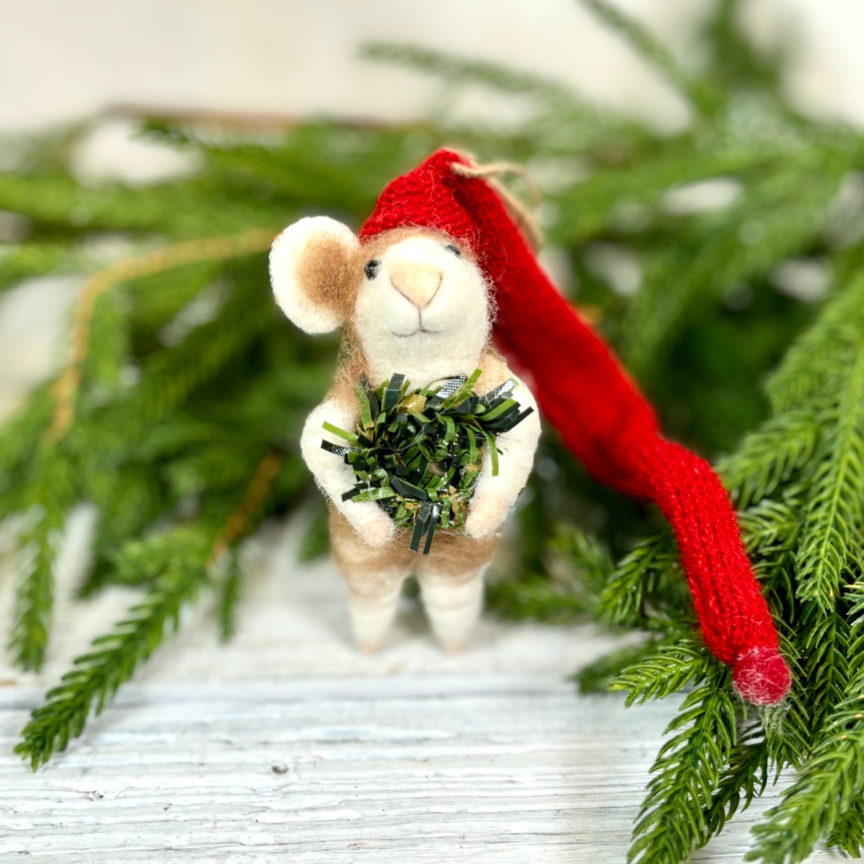 Felt Mouse with Long Red Knit Santa Hat Holding Wreath Ornament