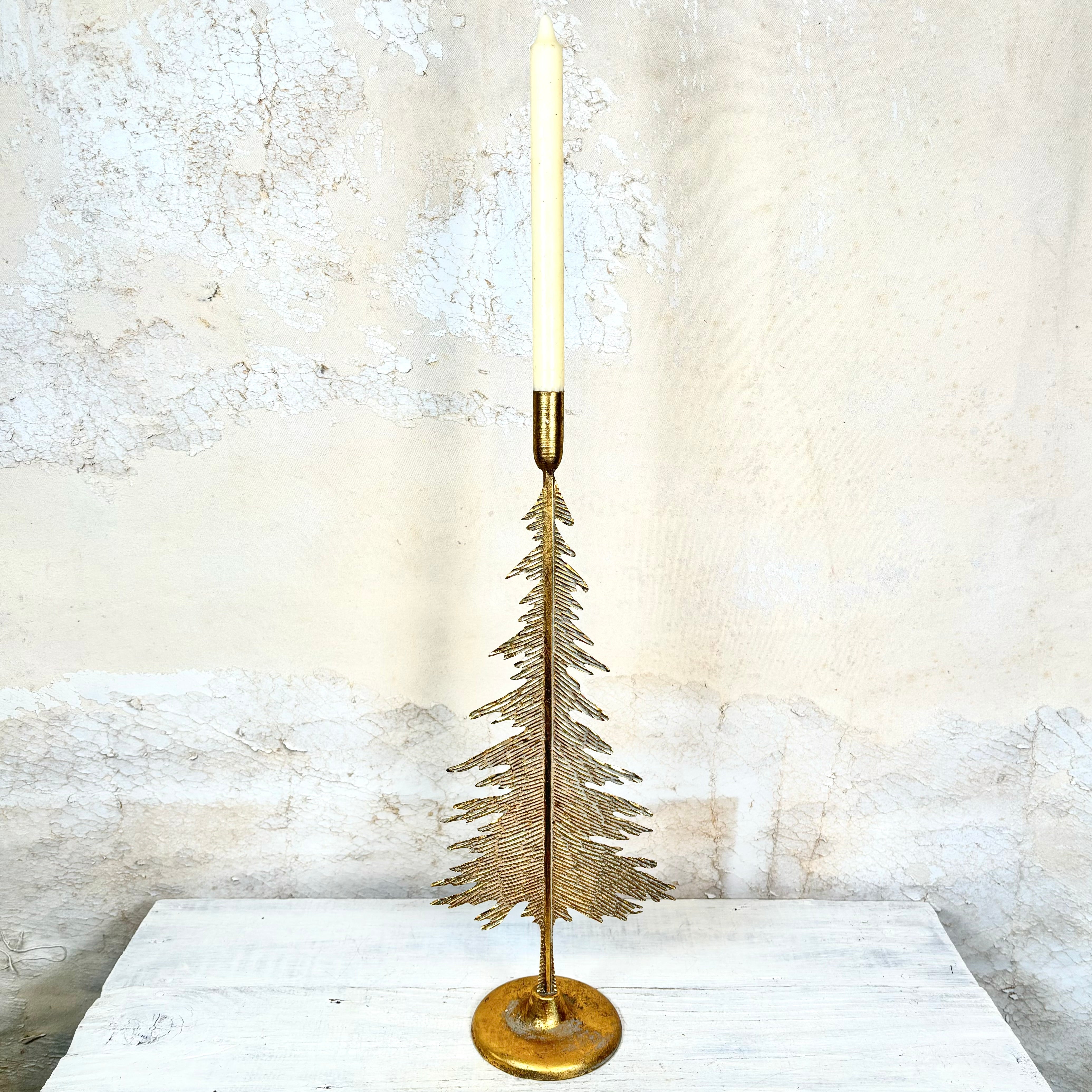 Verdigris Gold Metal Pine Tree Candle Stick Tall