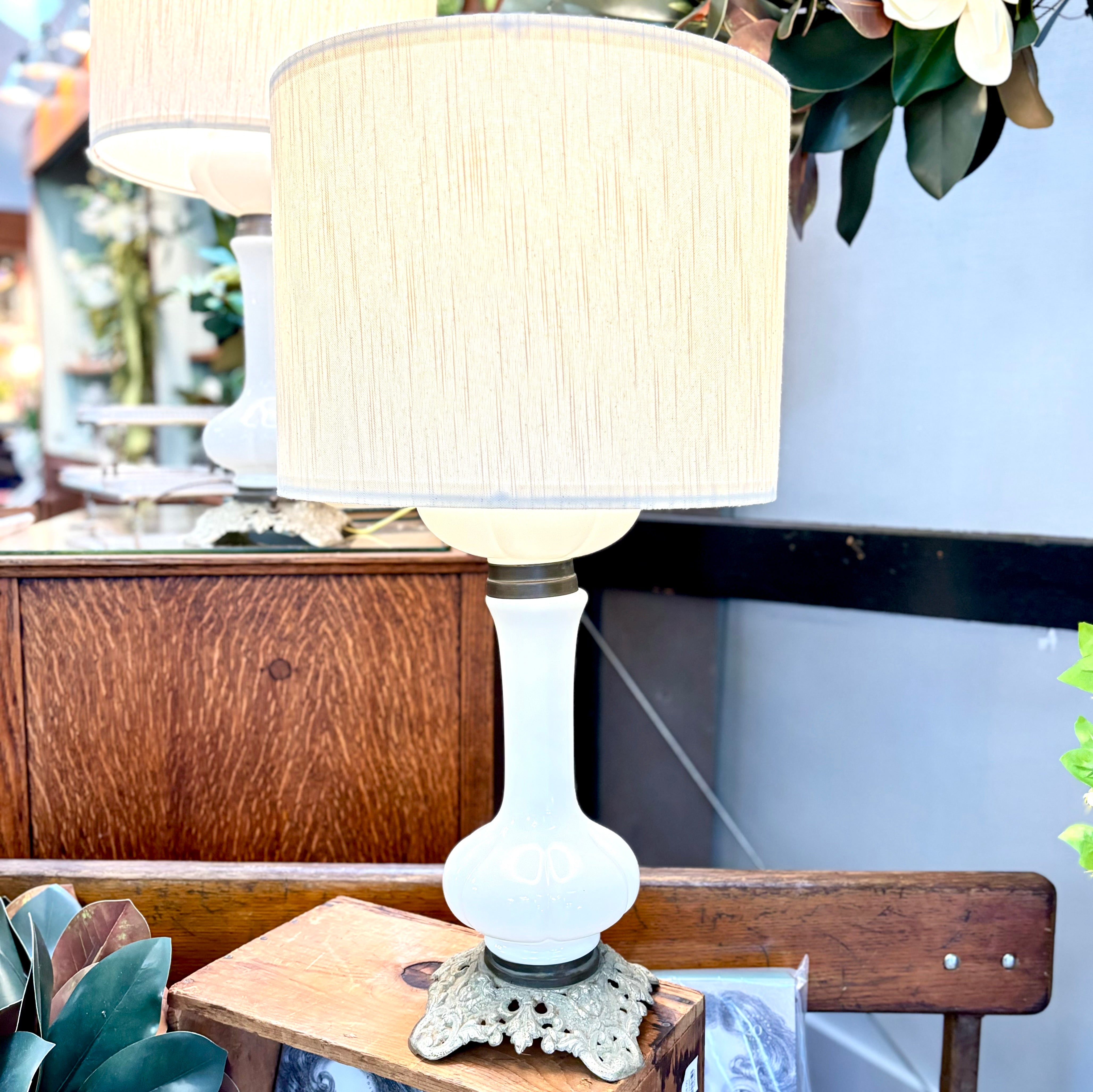 Set of Two Antique French Opal Glass Lamps