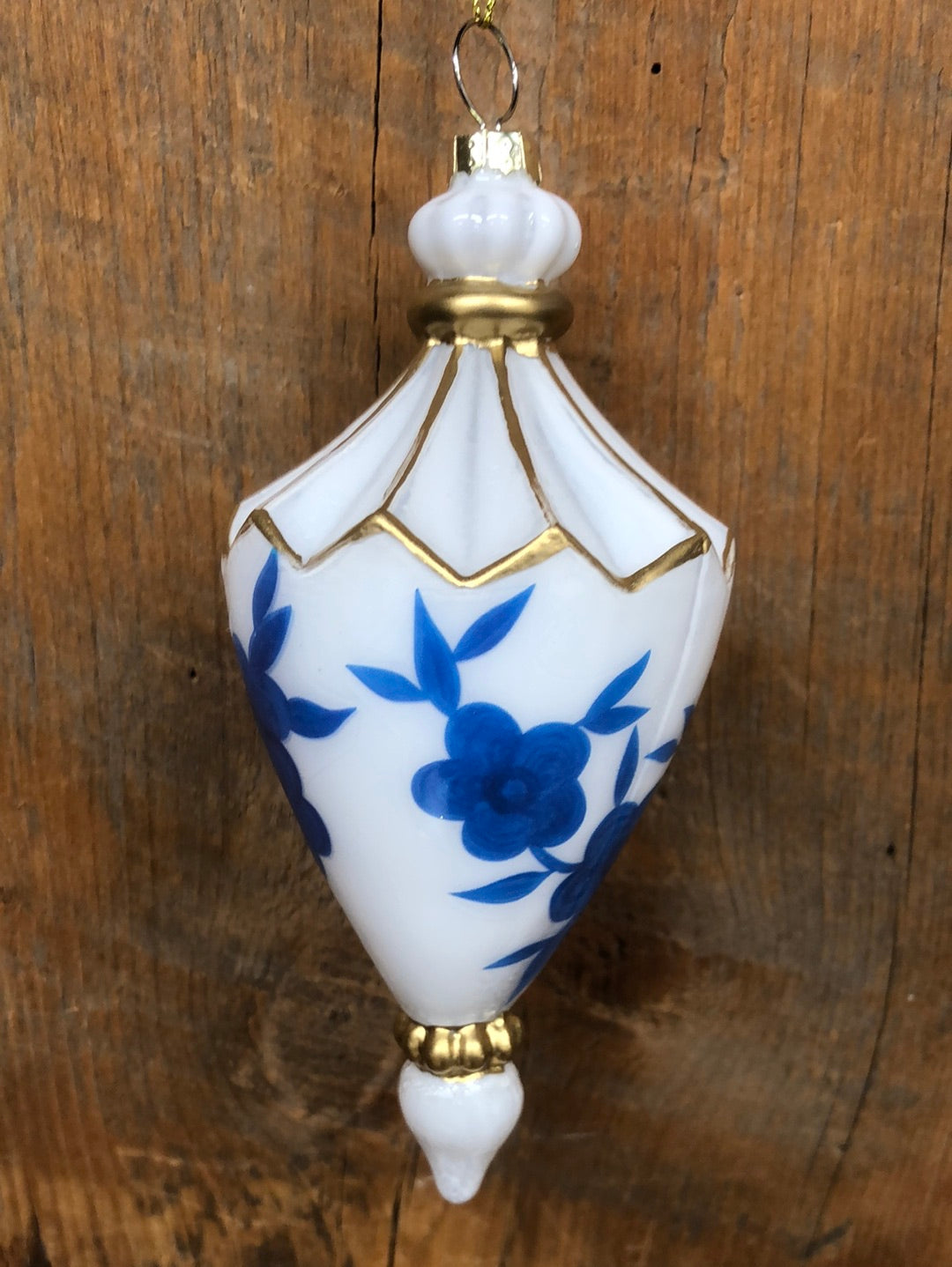 Chinoiserie Glass Blue White Foliage Finial Ornament