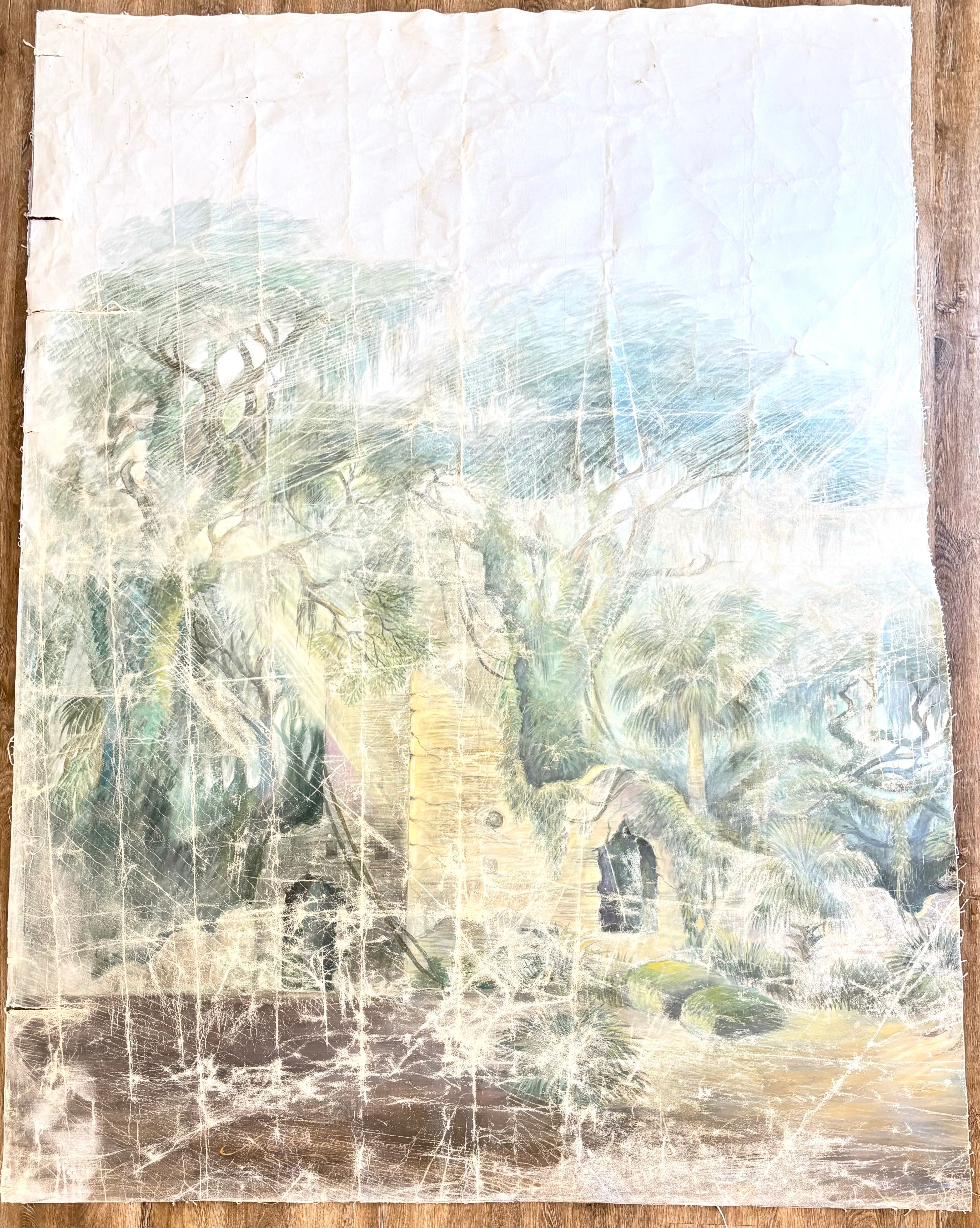 Vintage Signed Canvas Painting of Stoney-Baynard Ruins