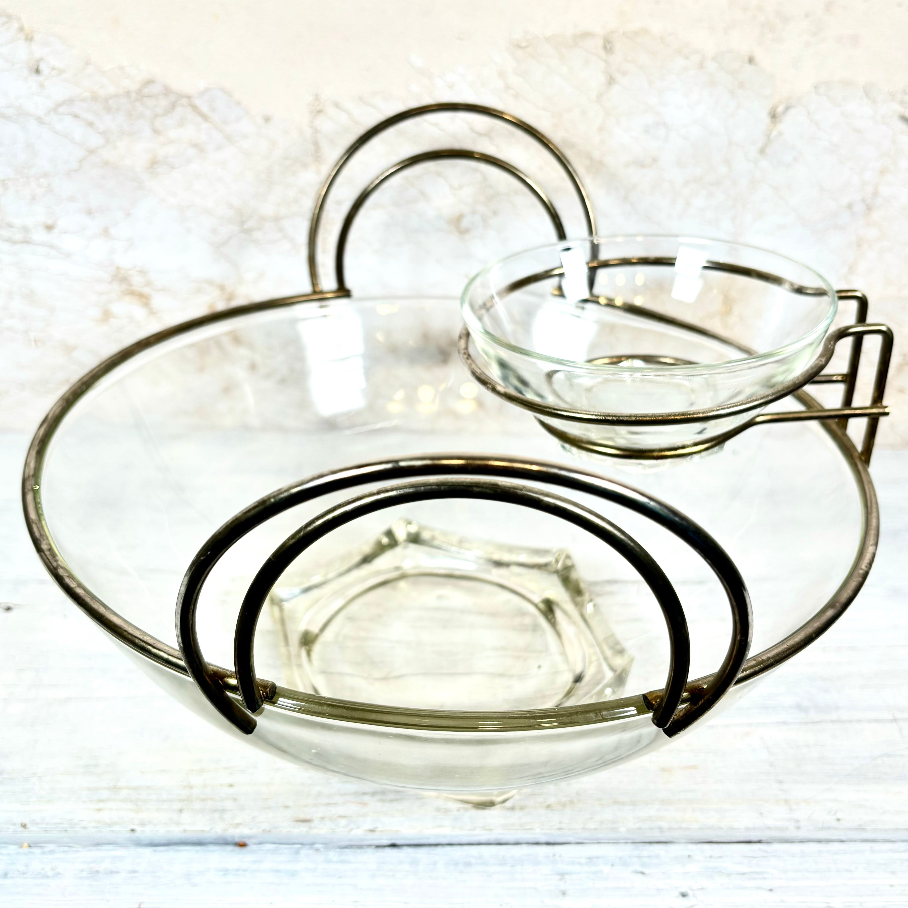 Mid Century Modern Glass Chip and Dip with Caddy