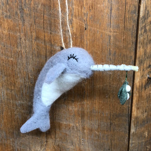 Felt Gray Narwhal with Mistletoe Trim Ornament