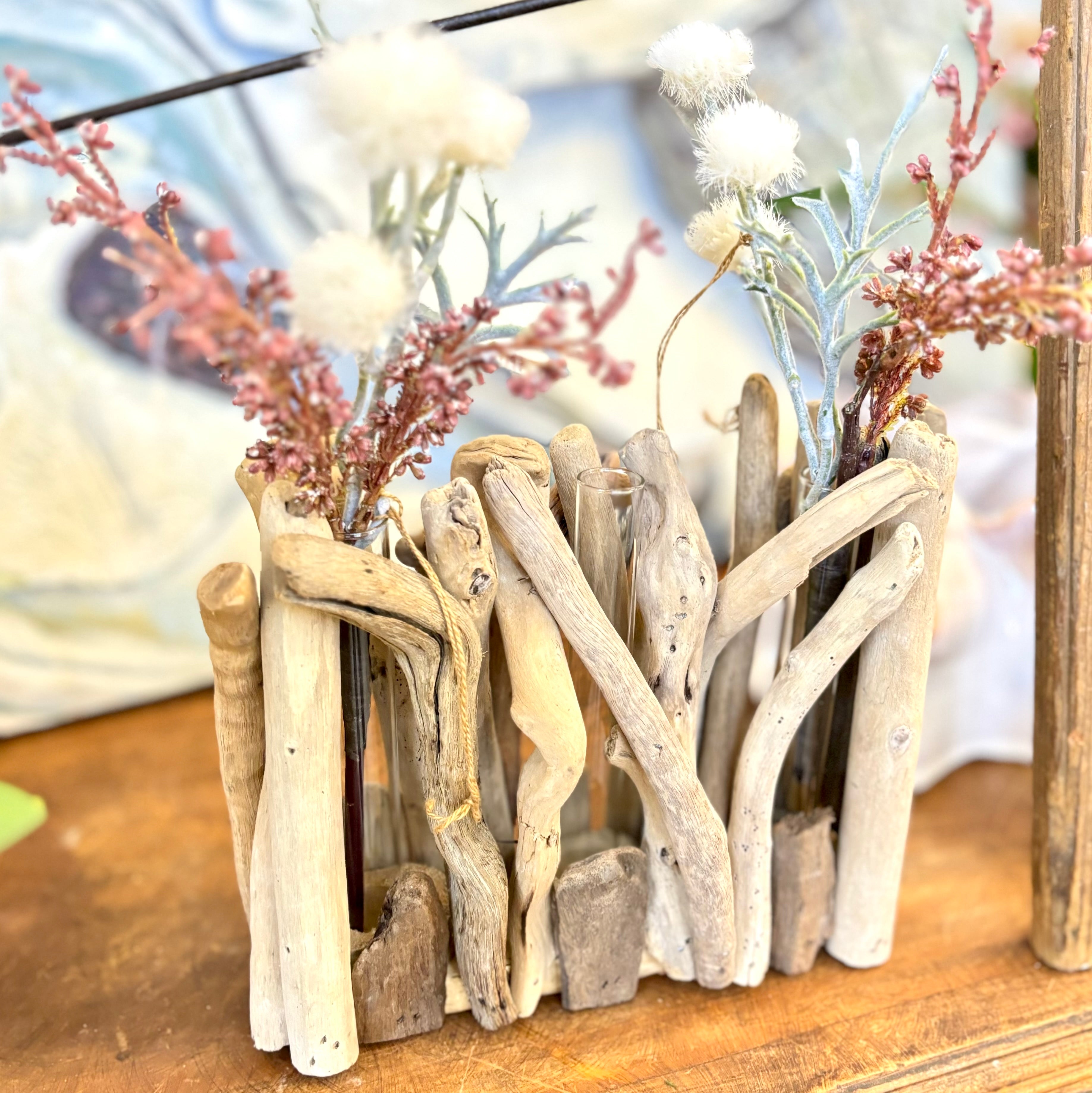 Driftwood Rectangle Vase with Three Glass Tube Inserts