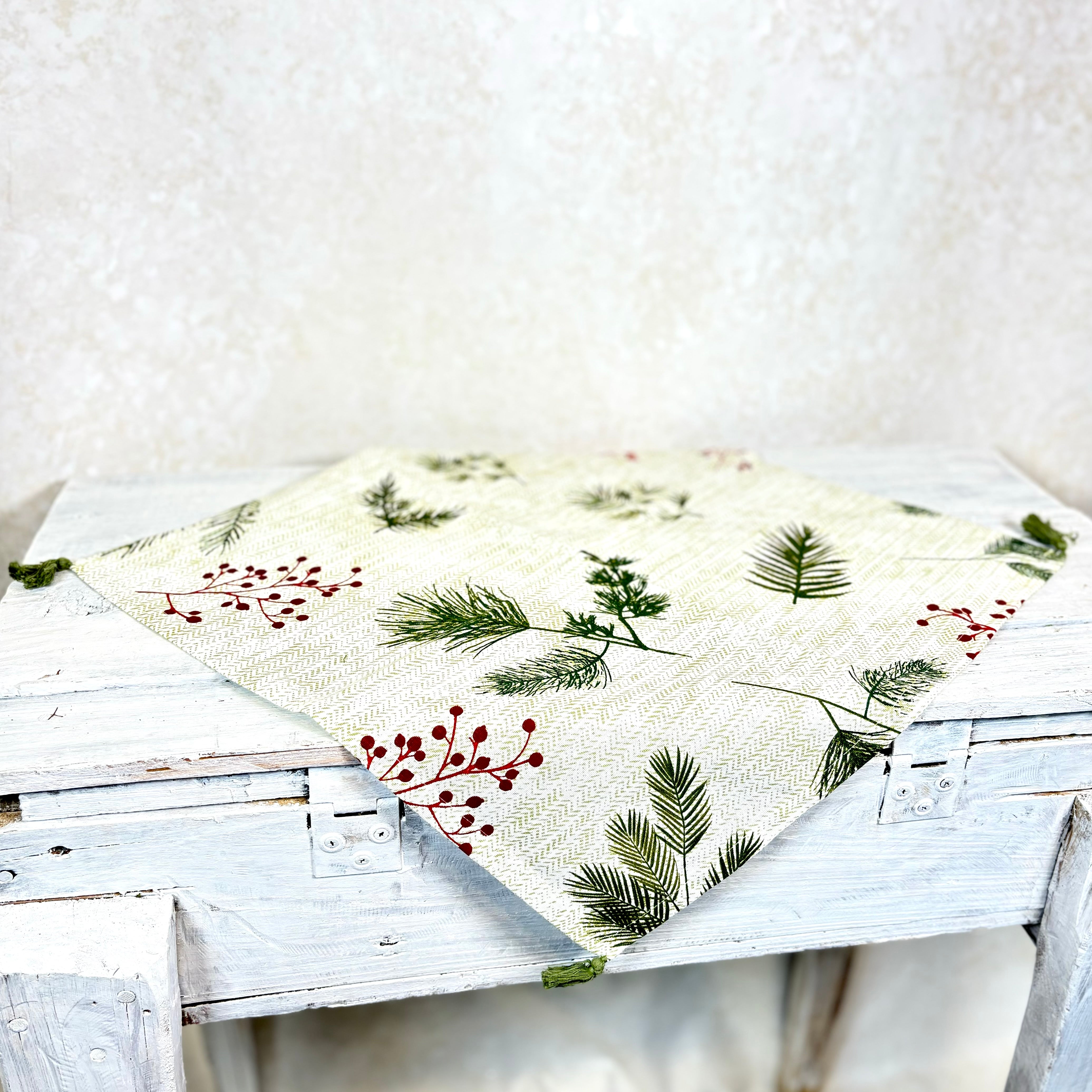 Cotton Napkin with Pine Needle and Red Berry Set of Four