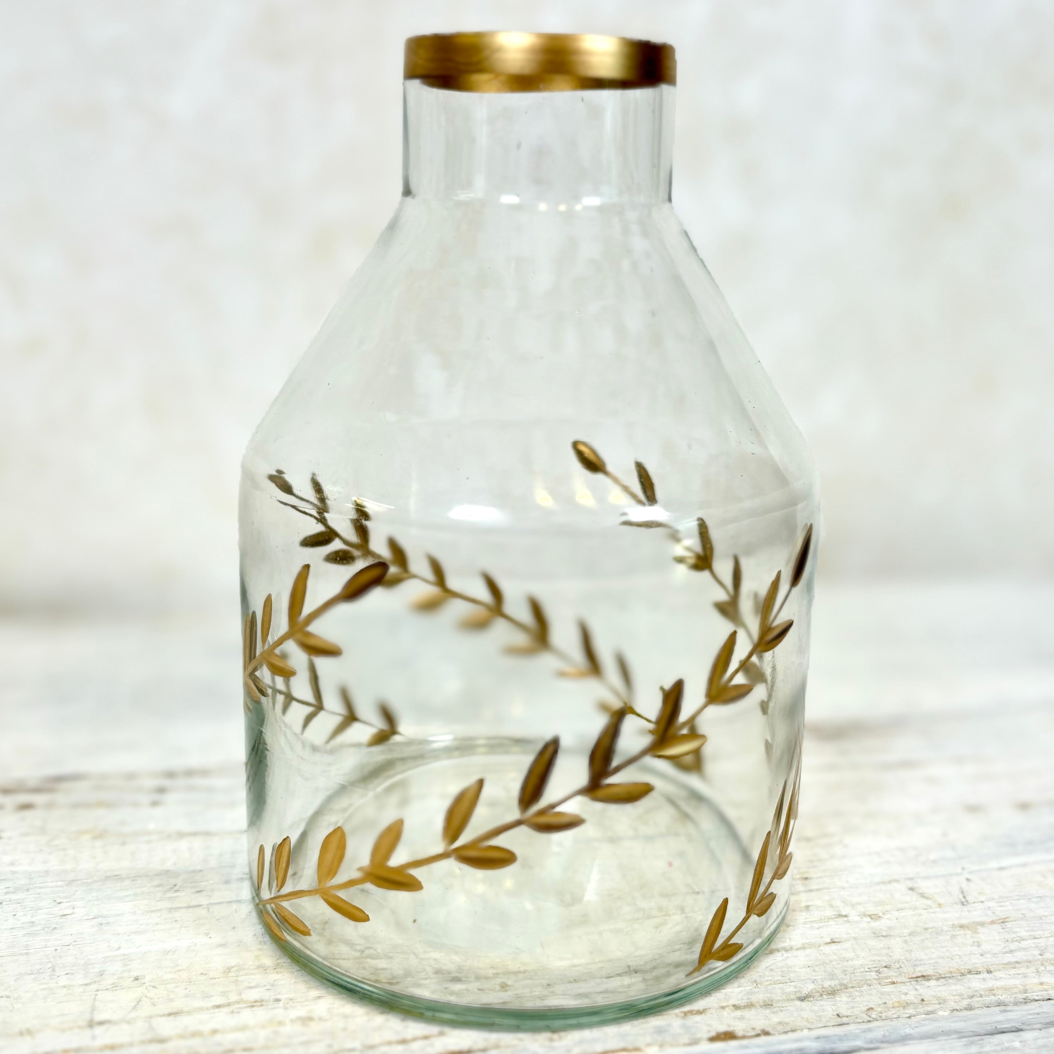 Gold Gilded Leaf Etched Clear Glass Vase Short