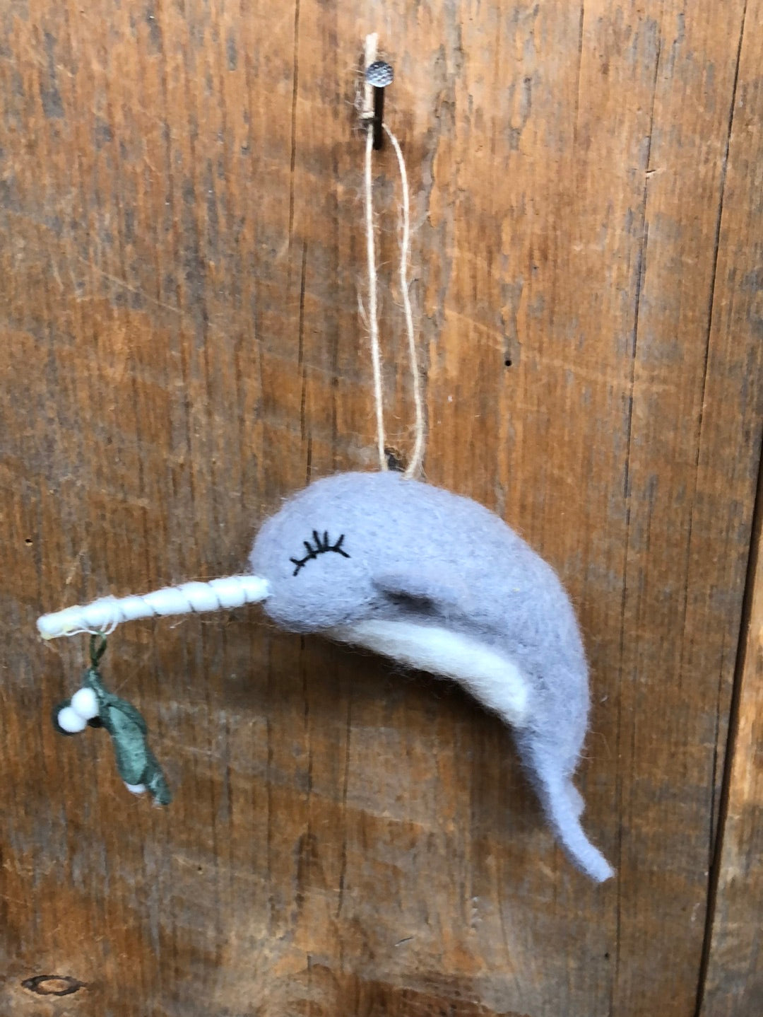 Felt Gray Narwhal with Mistletoe Trim Ornament