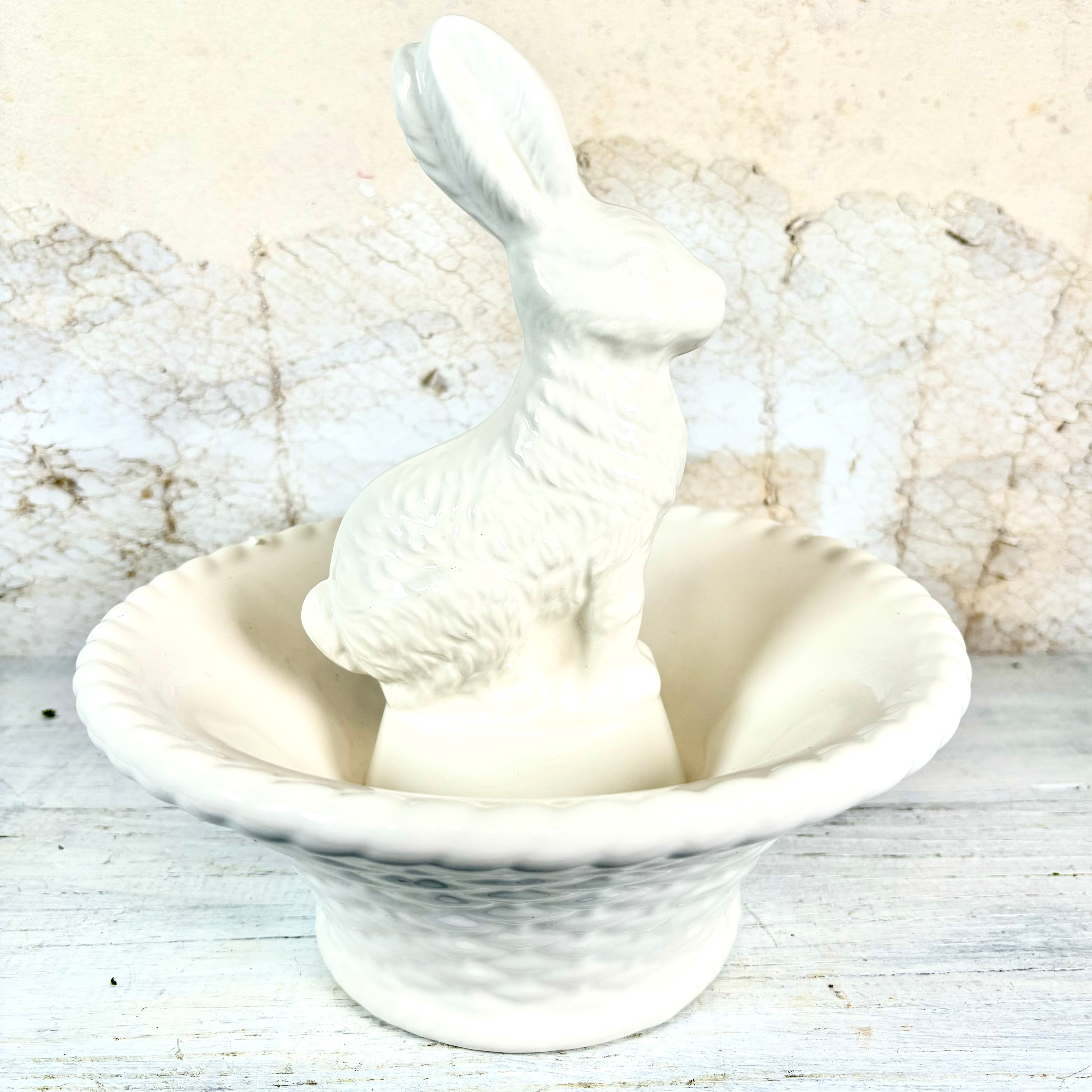 White Dolomite Bunny in Basket Bowl