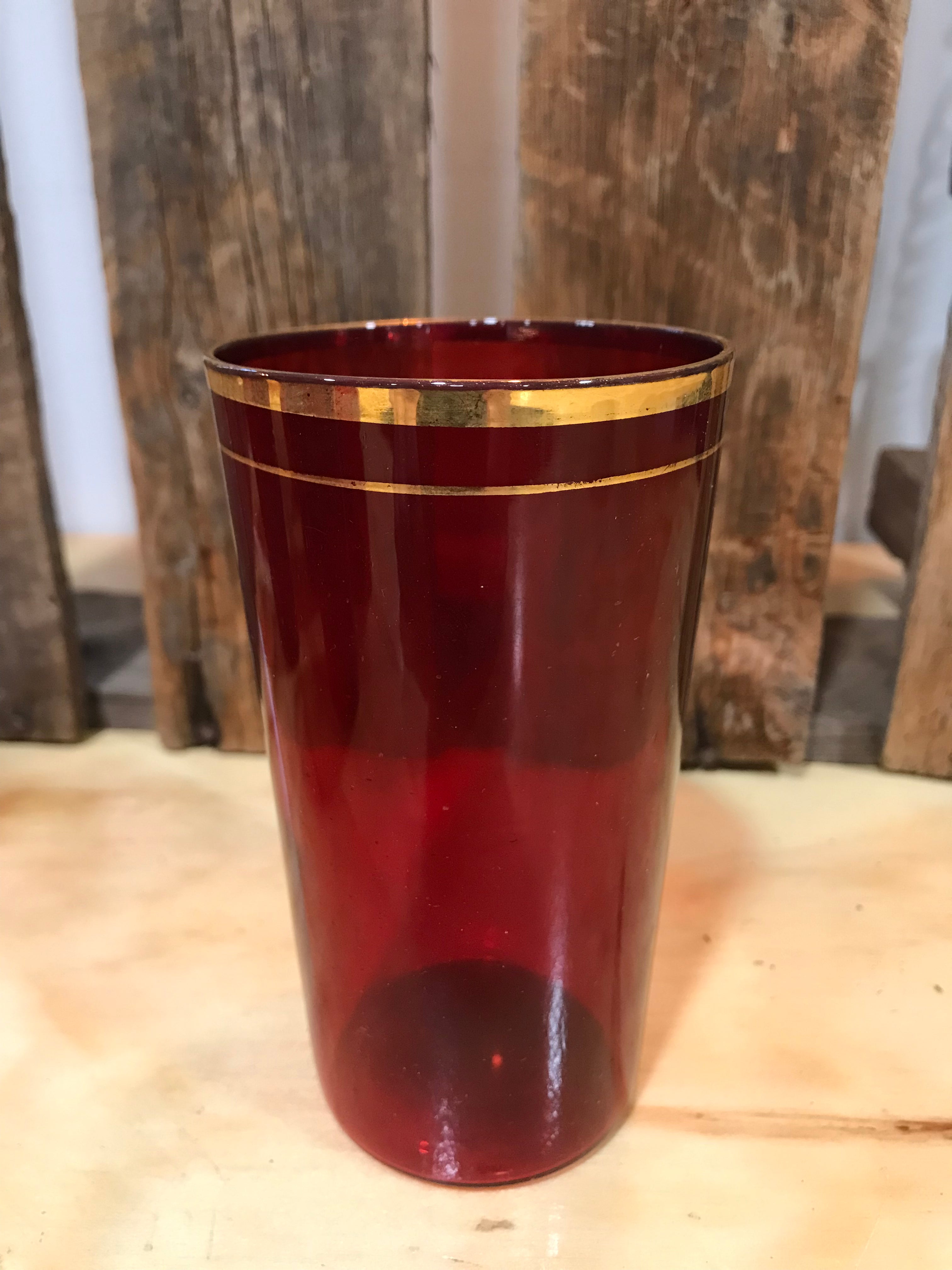 Set of Ten Mid-Century Ruby Red Glasses with Gold Trim