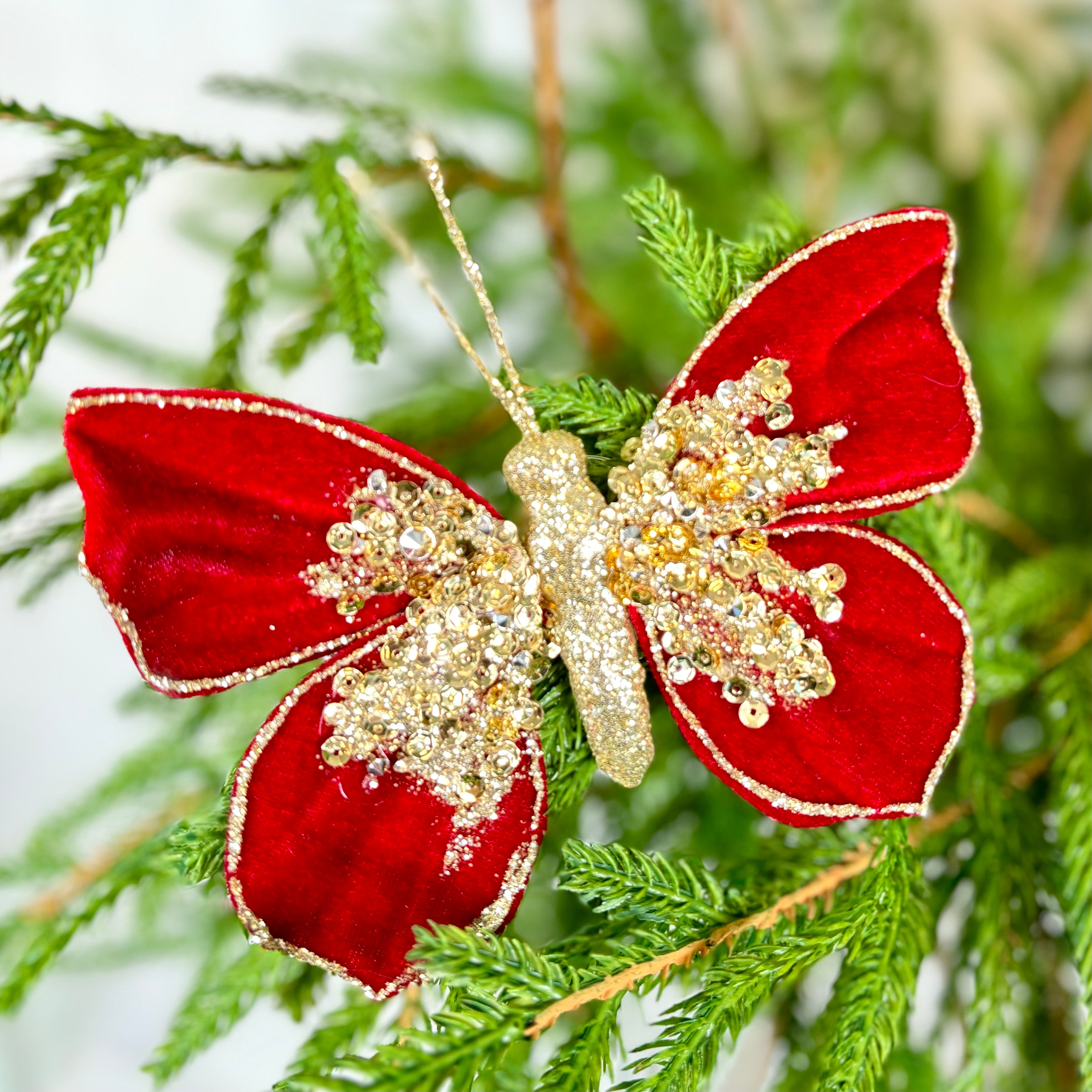 Velvet Red with Gold Glitter Butterfly Ornament