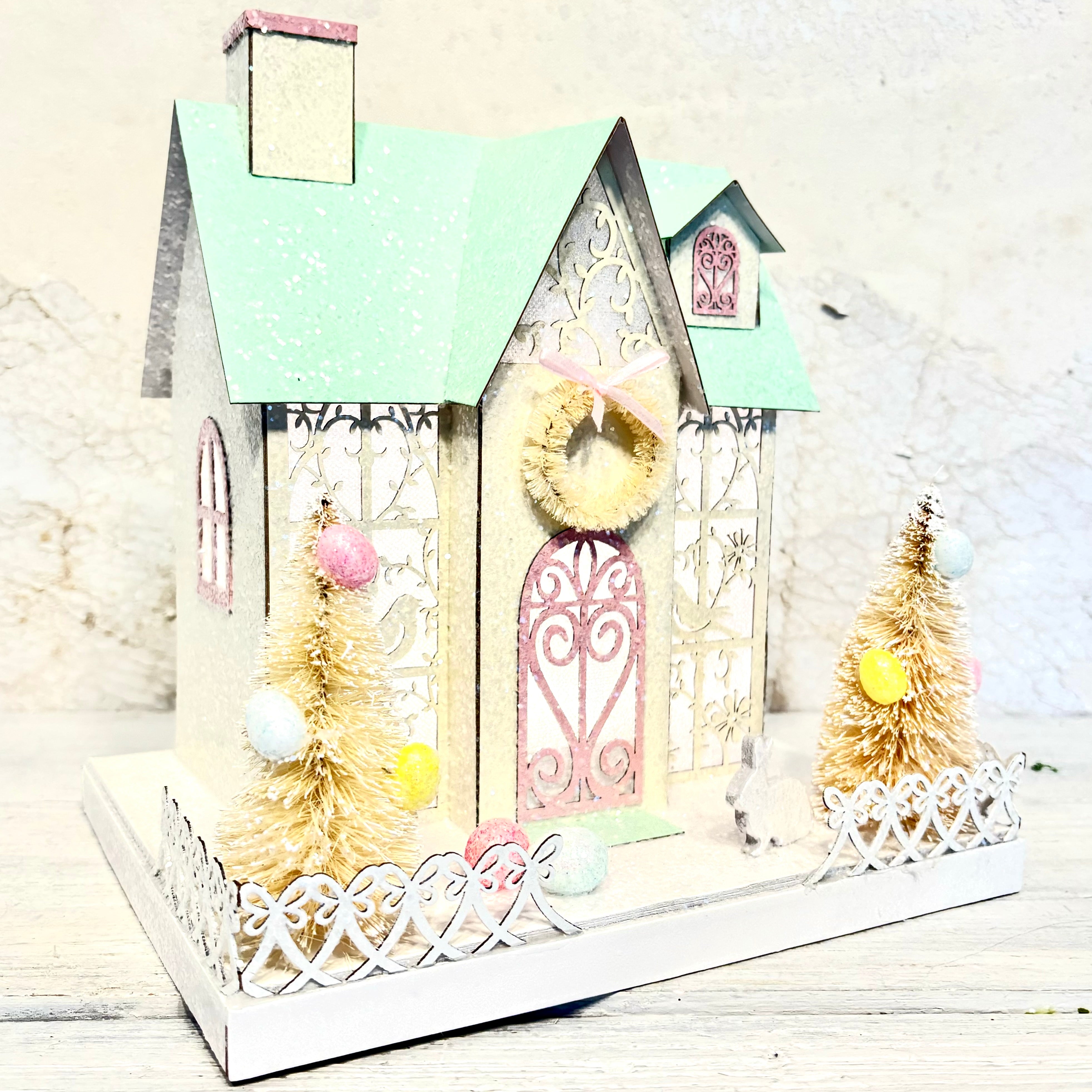 Easter House White Lighted with Battery Timer