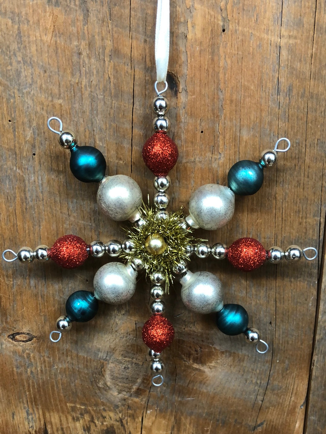 Glass Bead Snowflake Ornament with Tinsel and Blue White Gold