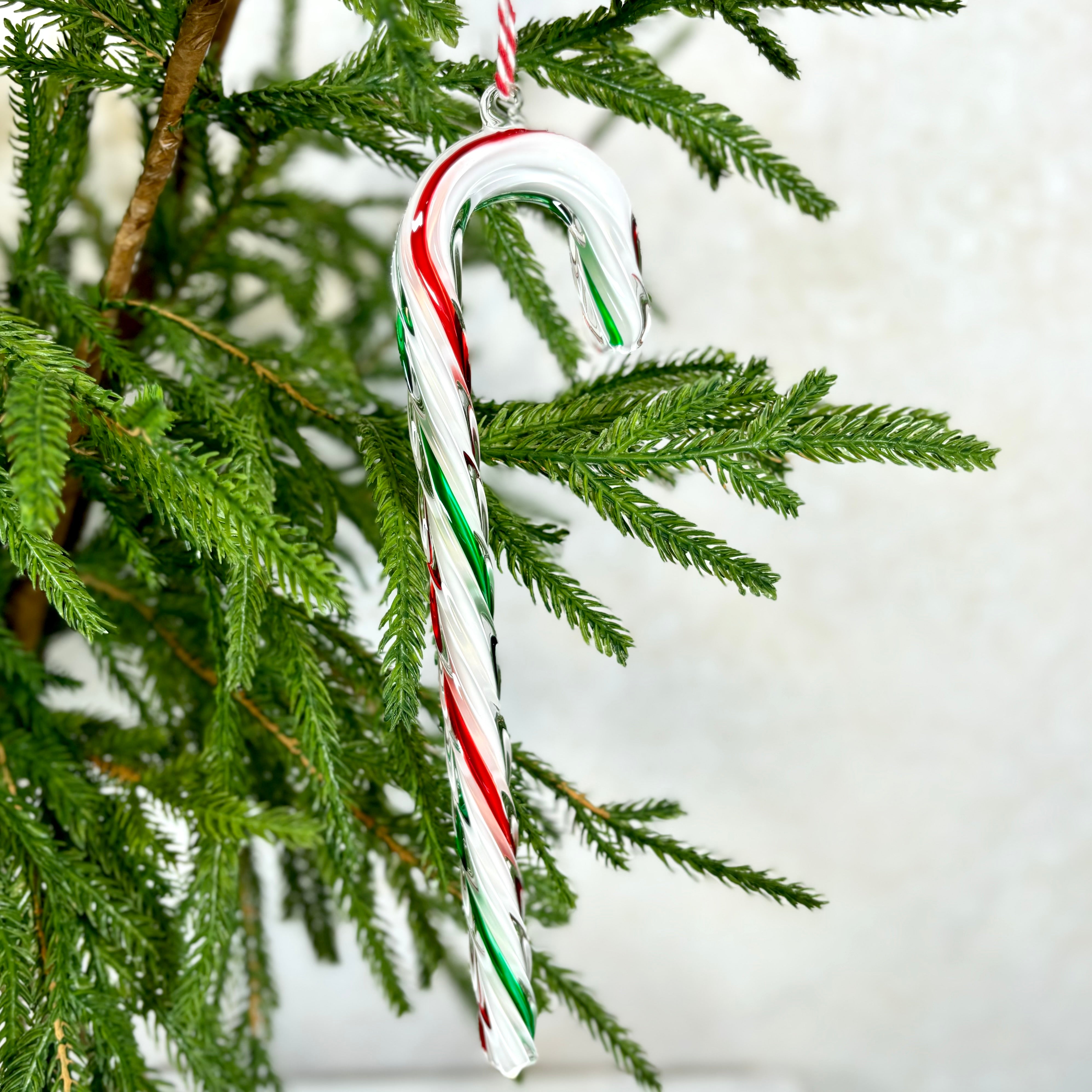 Blown Glass Candy Cane Red White Green Stripe