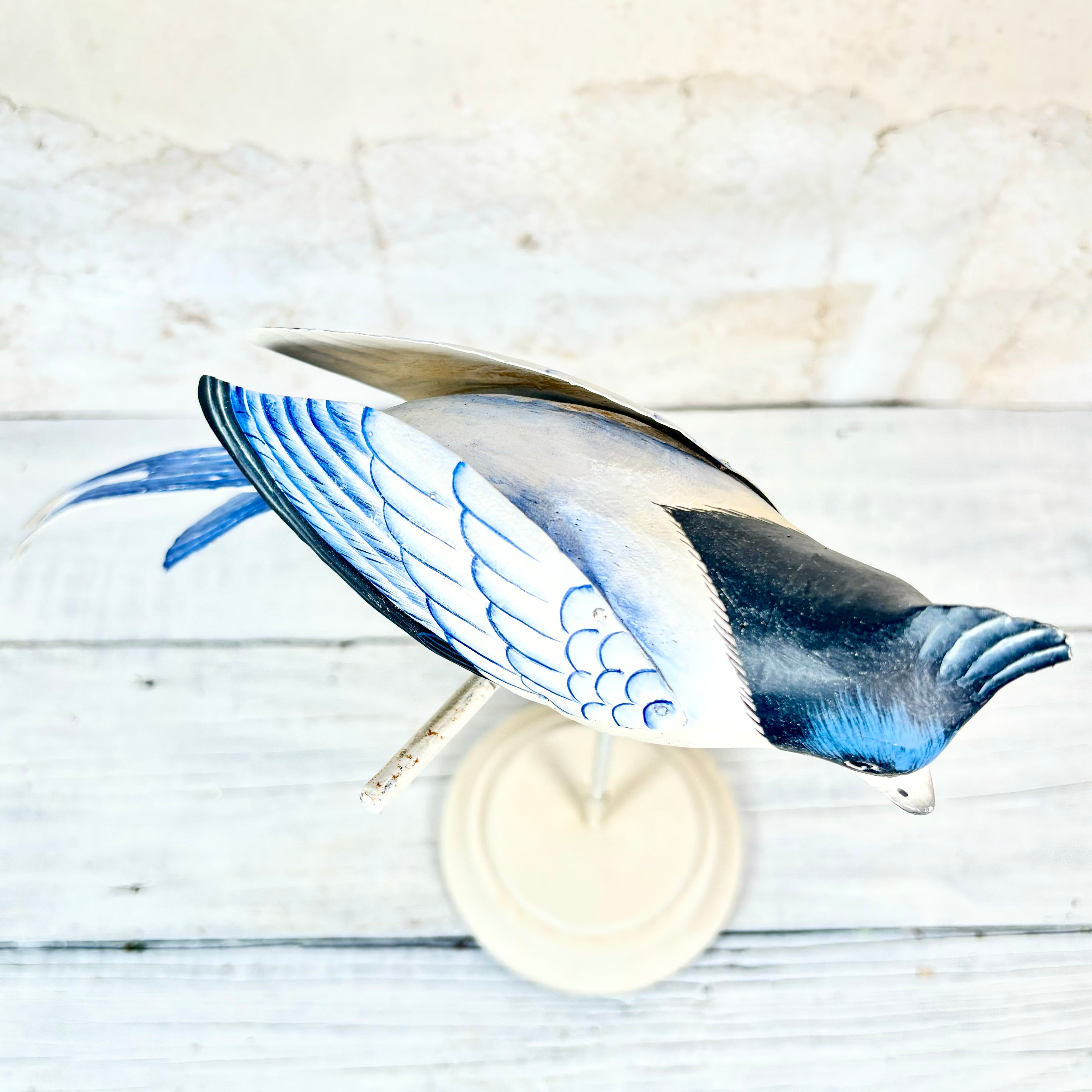 Hand Carved Wood Long Tailed Blue White Bird on Stand 14"