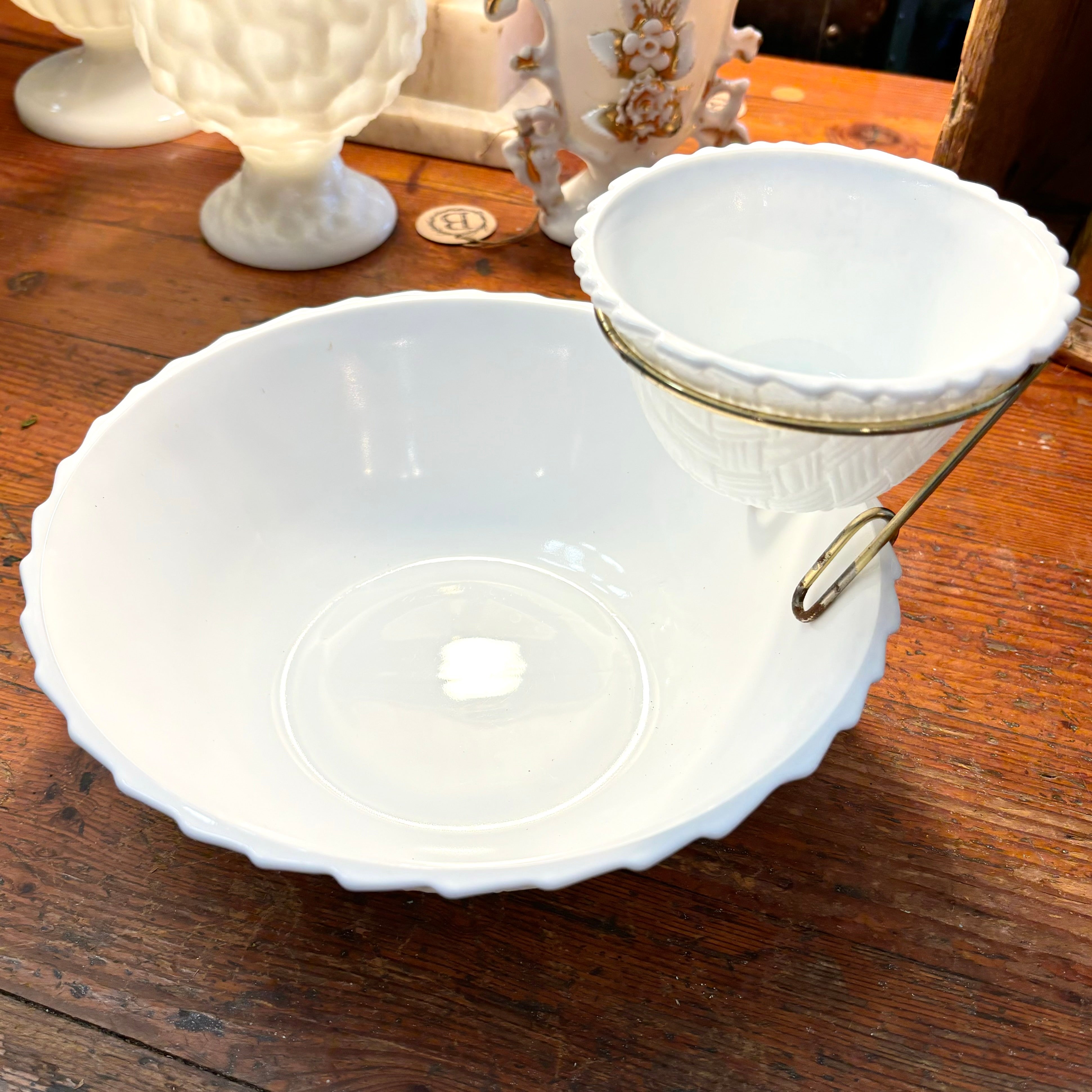 Vintage Indiana Milk Glass Basketweave Chip & Dip Set