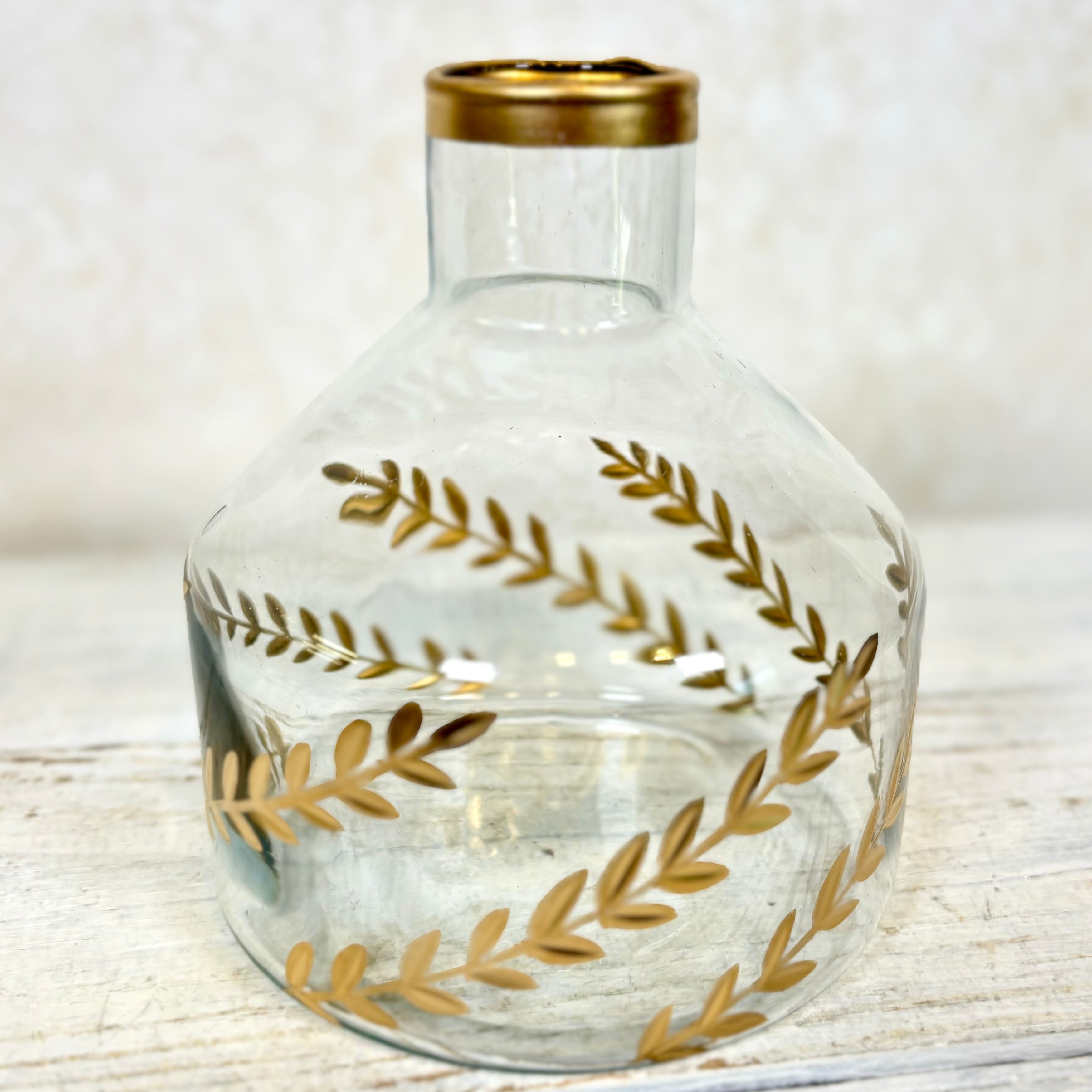 Gold Gilded Leaf Etched Clear Glass Vase Round