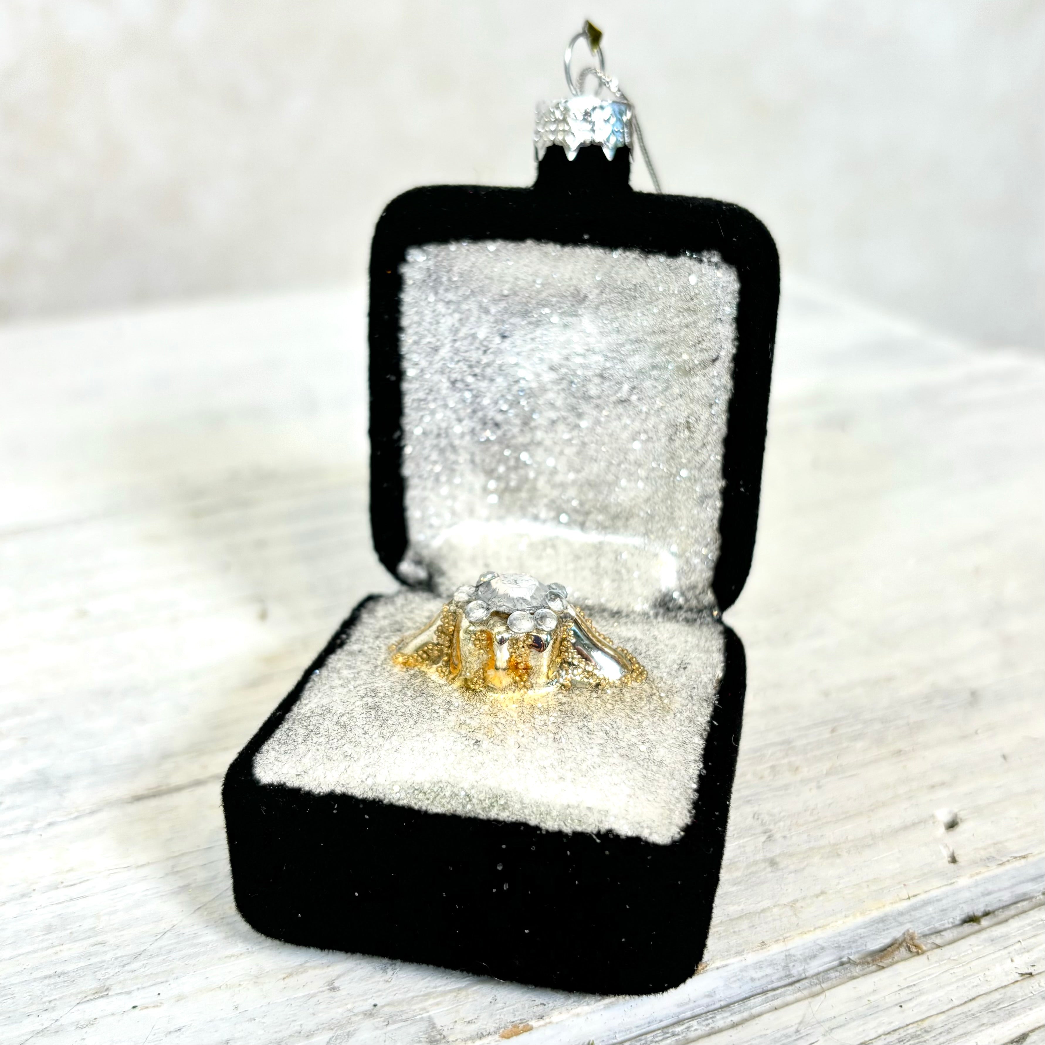 Diamond Engagement Ring in Black Velvet Box Glass Ornament