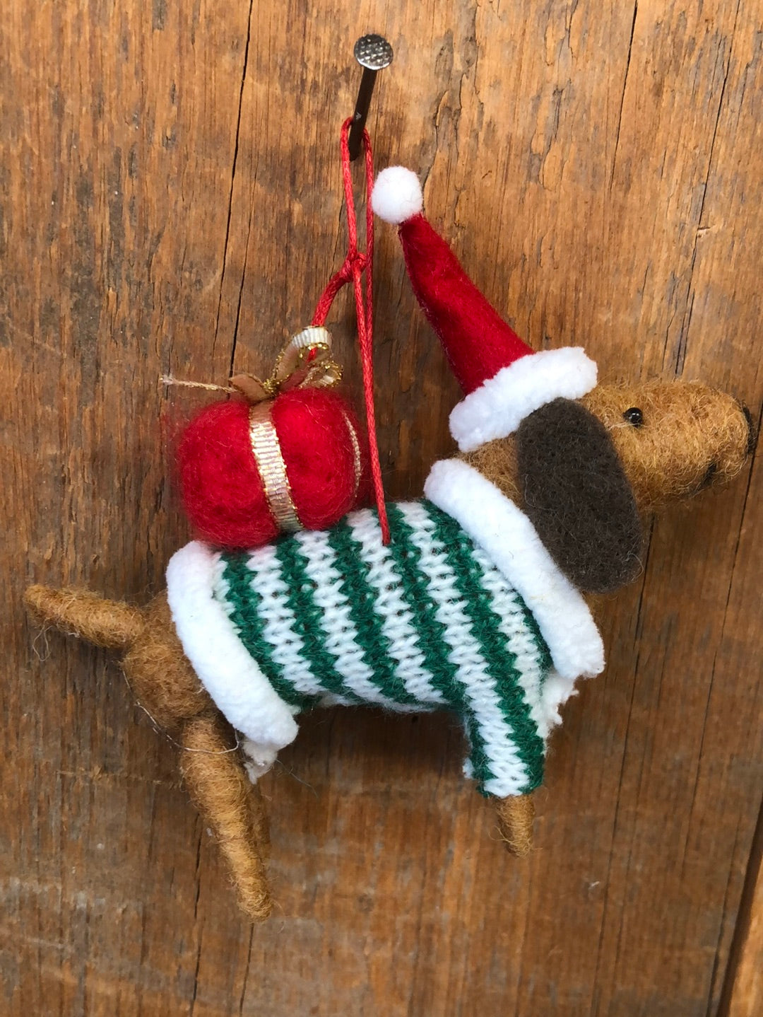 Felt Brown Dachshund with Sweater, Hat and Present