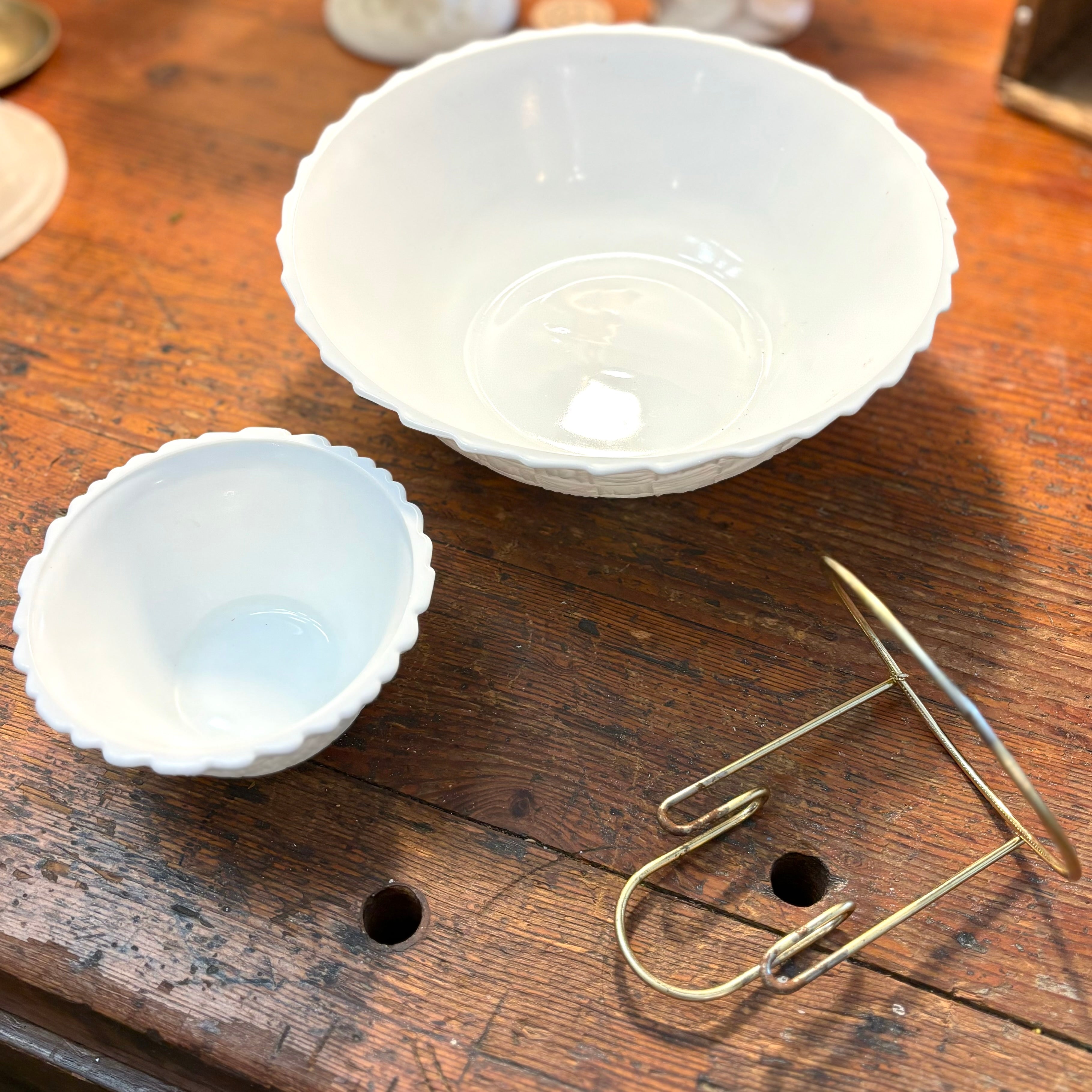 Vintage Indiana Milk Glass Basketweave Chip & Dip Set