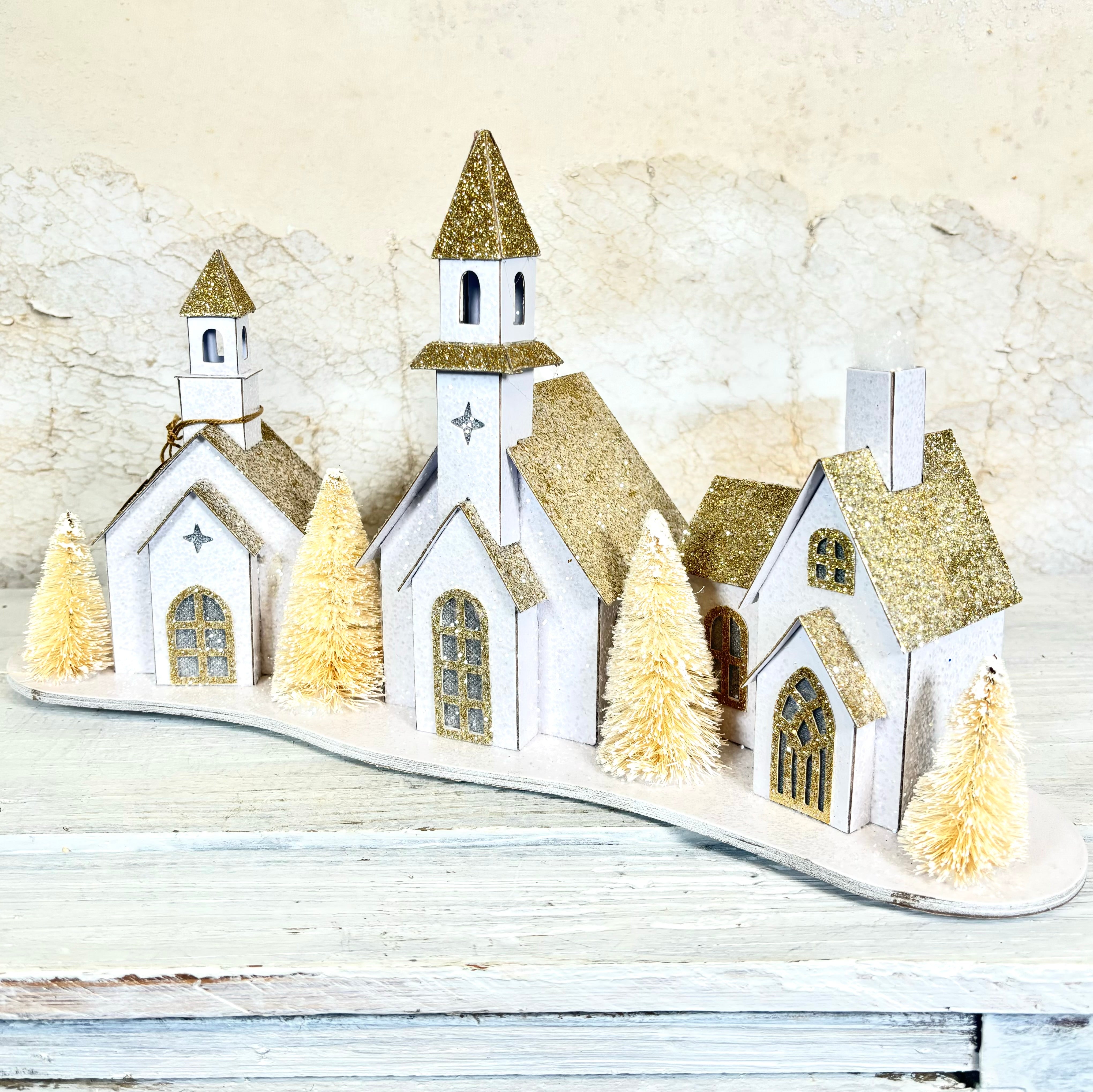 Cardboard Snowy Village with Church LED Battery Timer