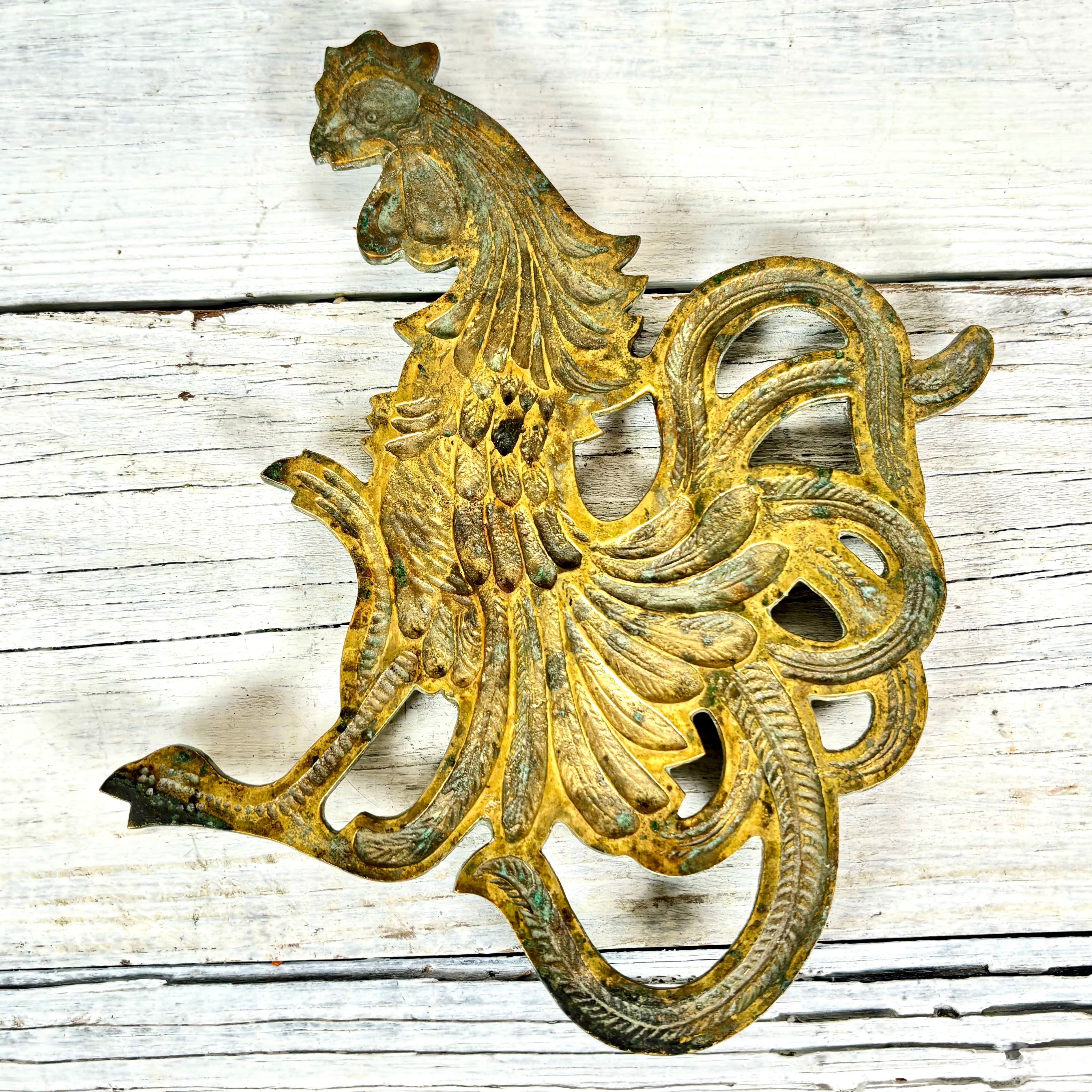 Vintage Solid Brass Rooster Footed Trivet