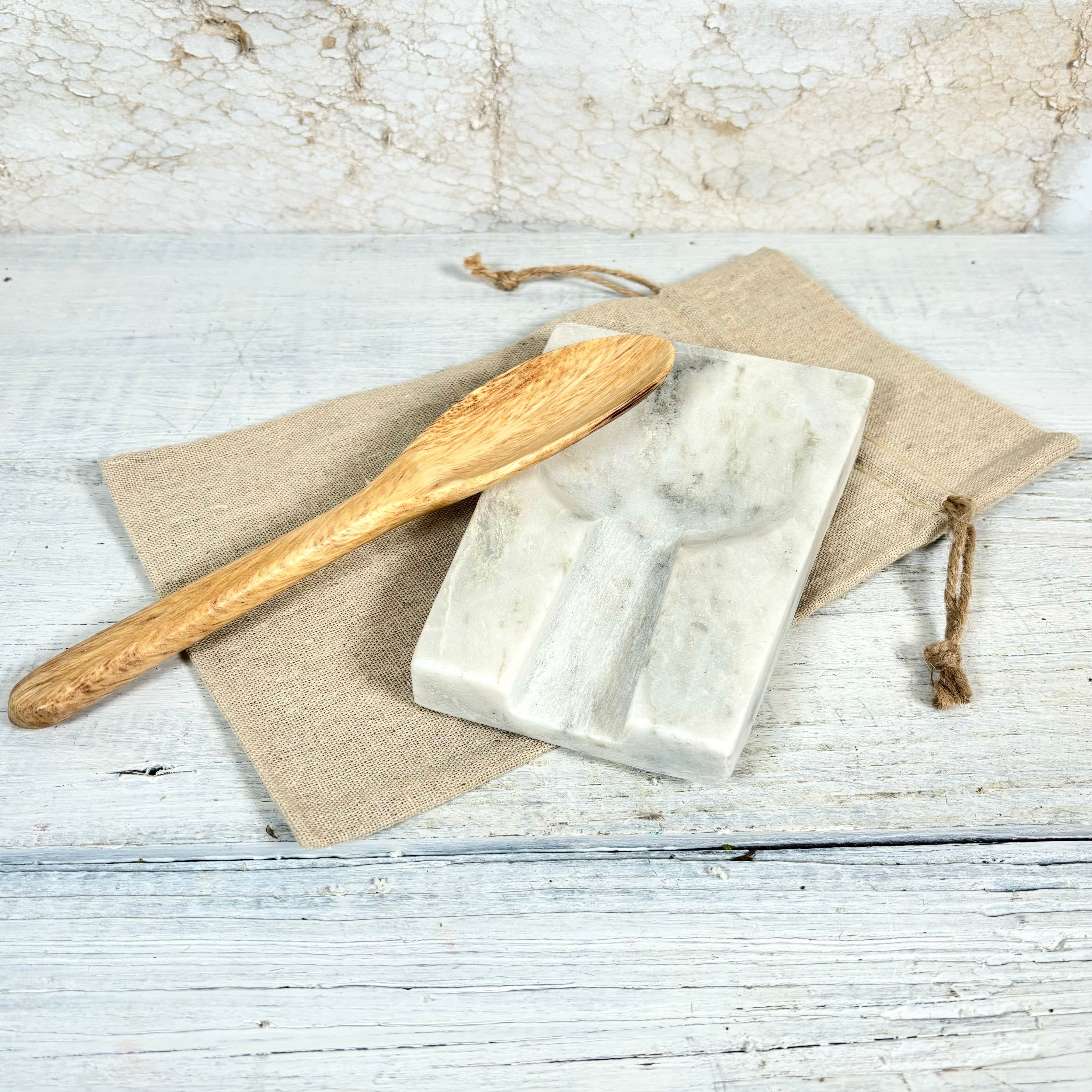 Marble Spoon Rest with Hand-Carved Acacia Wood Spoon