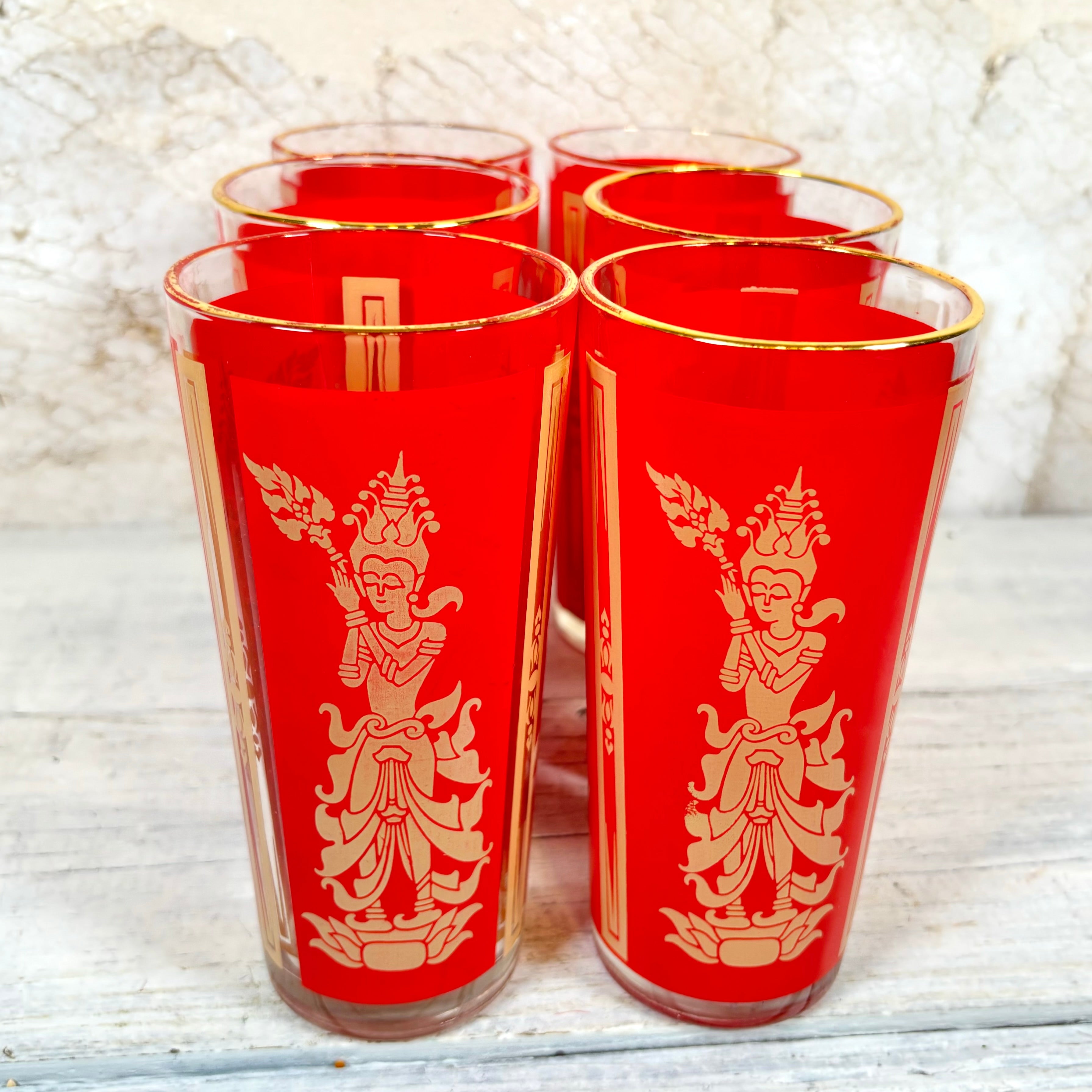 Vintage Culver Highball Glasses Red and Gold Thai Princess Pattern