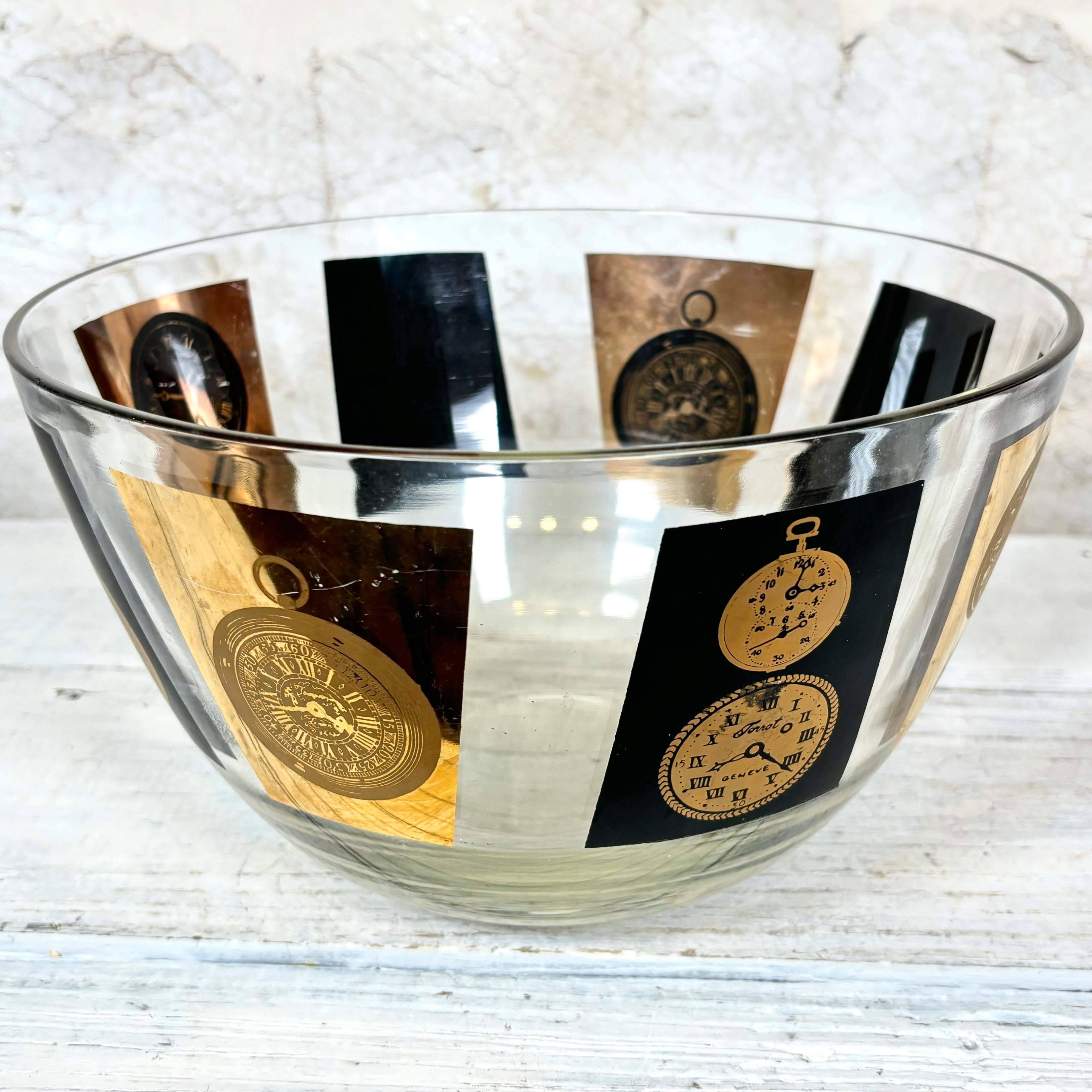 Mid Century Modern Glass Bowl with Black and Gold Clocks