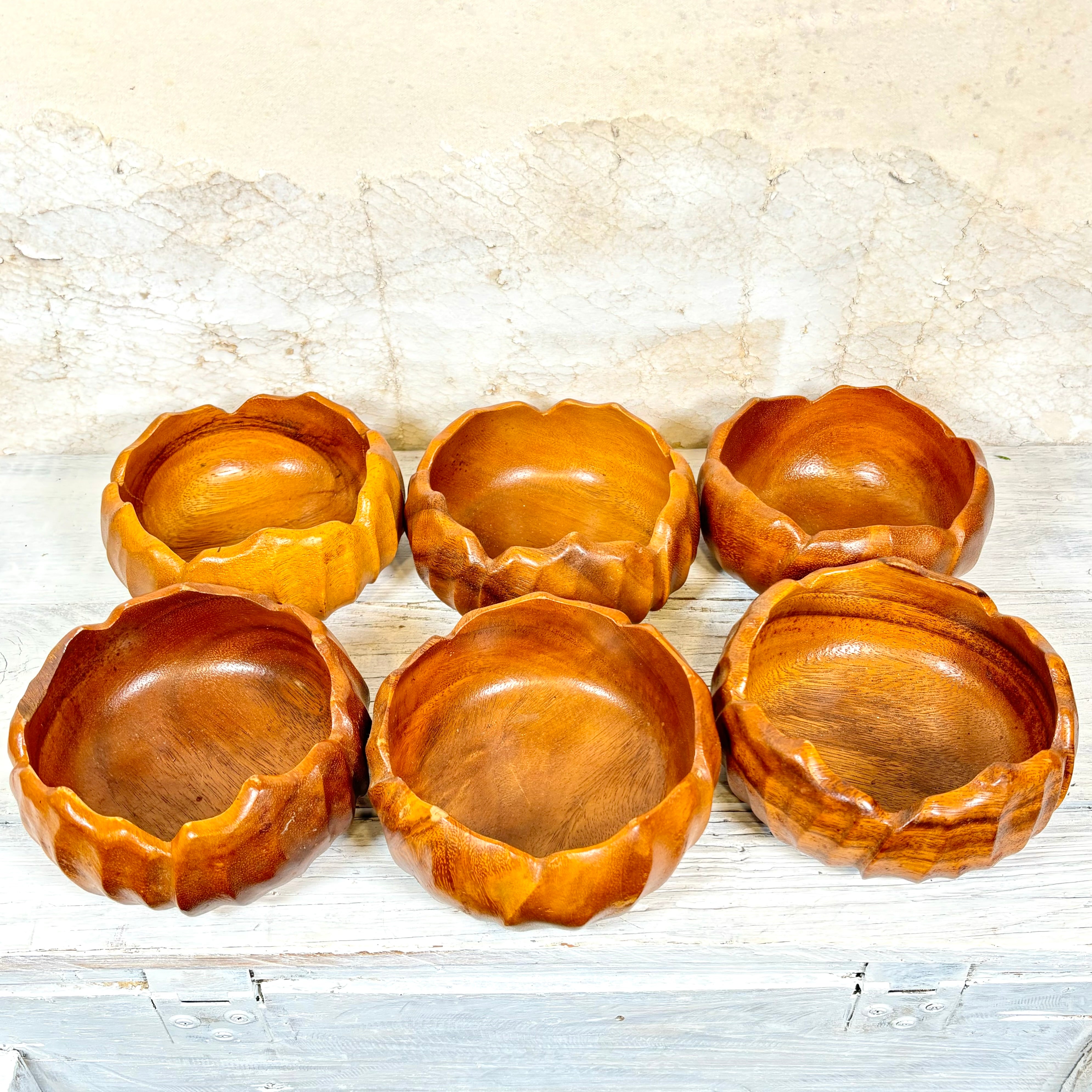 Vintage Teak Wood Nine Piece Salad Bowl Set