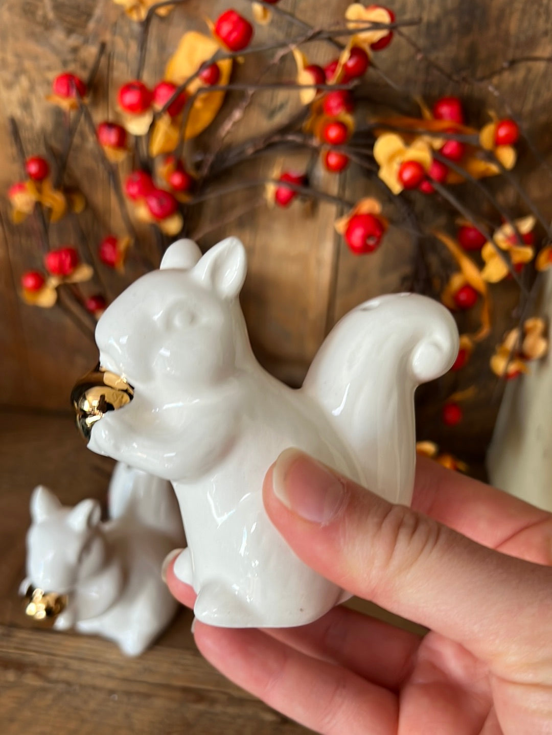 Set of Two Stoneware Squirrel Salt and Pepper Shakers