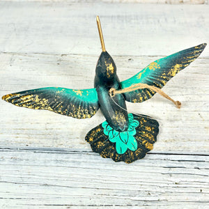 Hand Carved Wood Hummingbird Ornament Black Green Gold