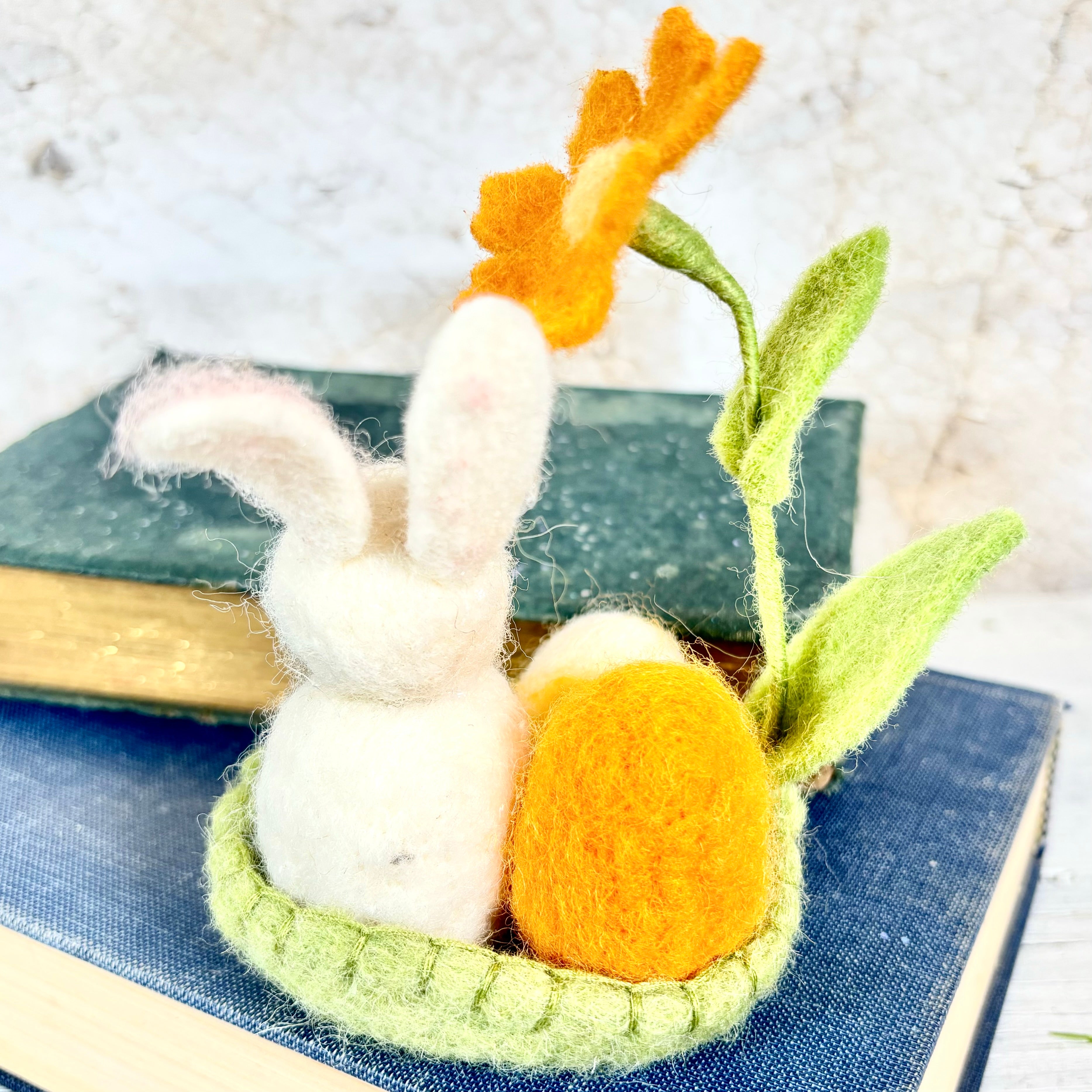 Felt White Bunny in Felt Green Basket with Eggs