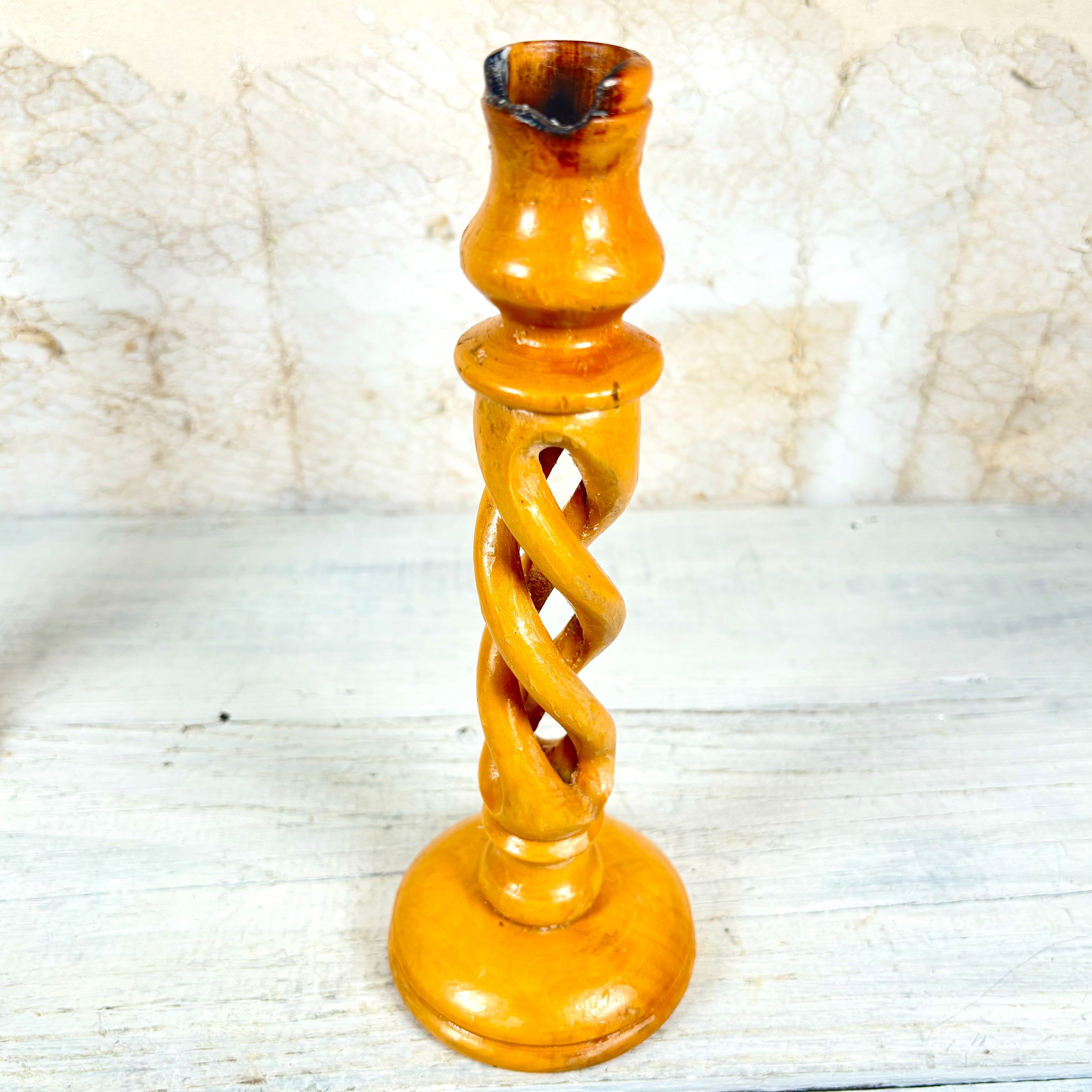 Vintage Carved Olive Wood Candlesticks Set of Two