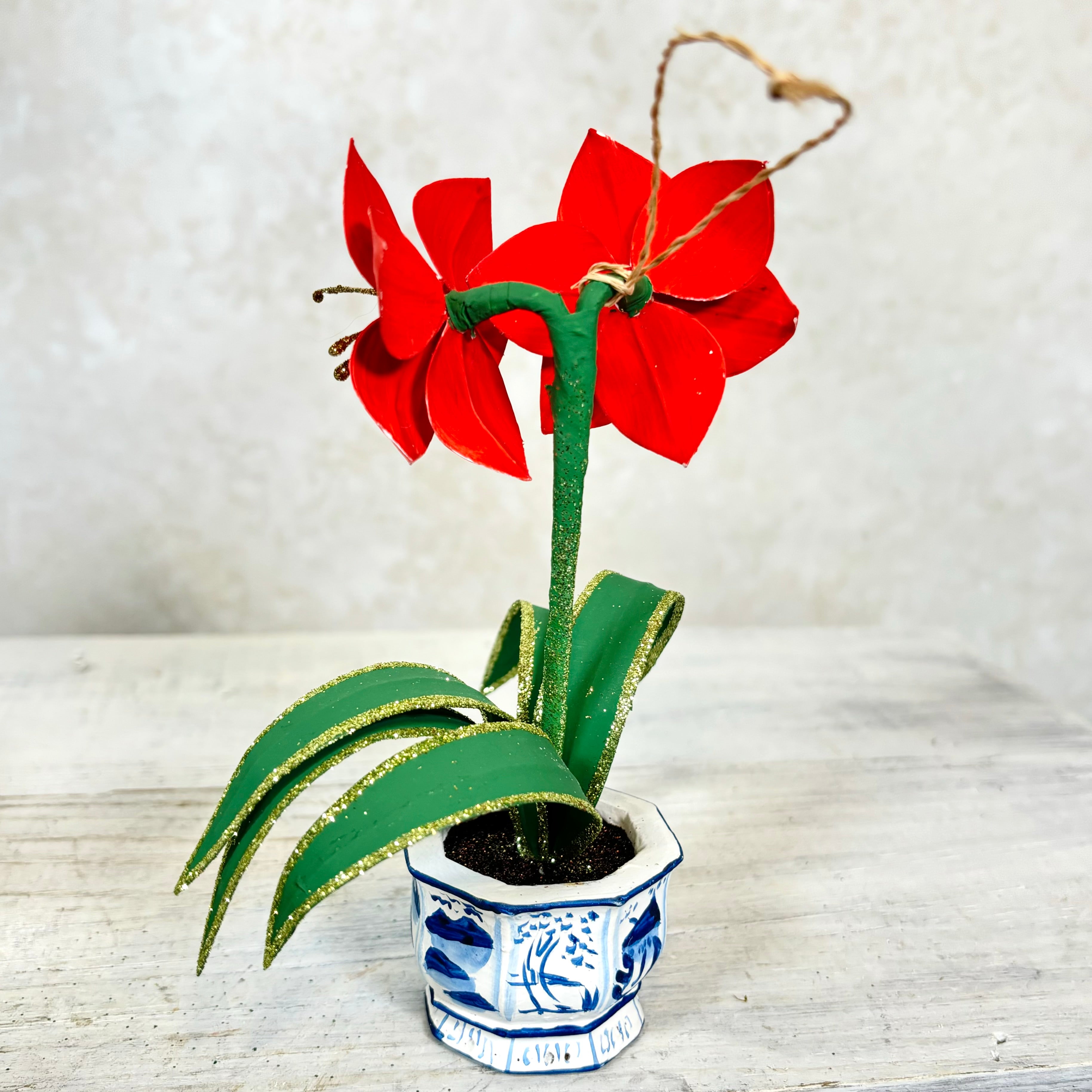 Potted Red Christmas Amaryllis Resin Ornament