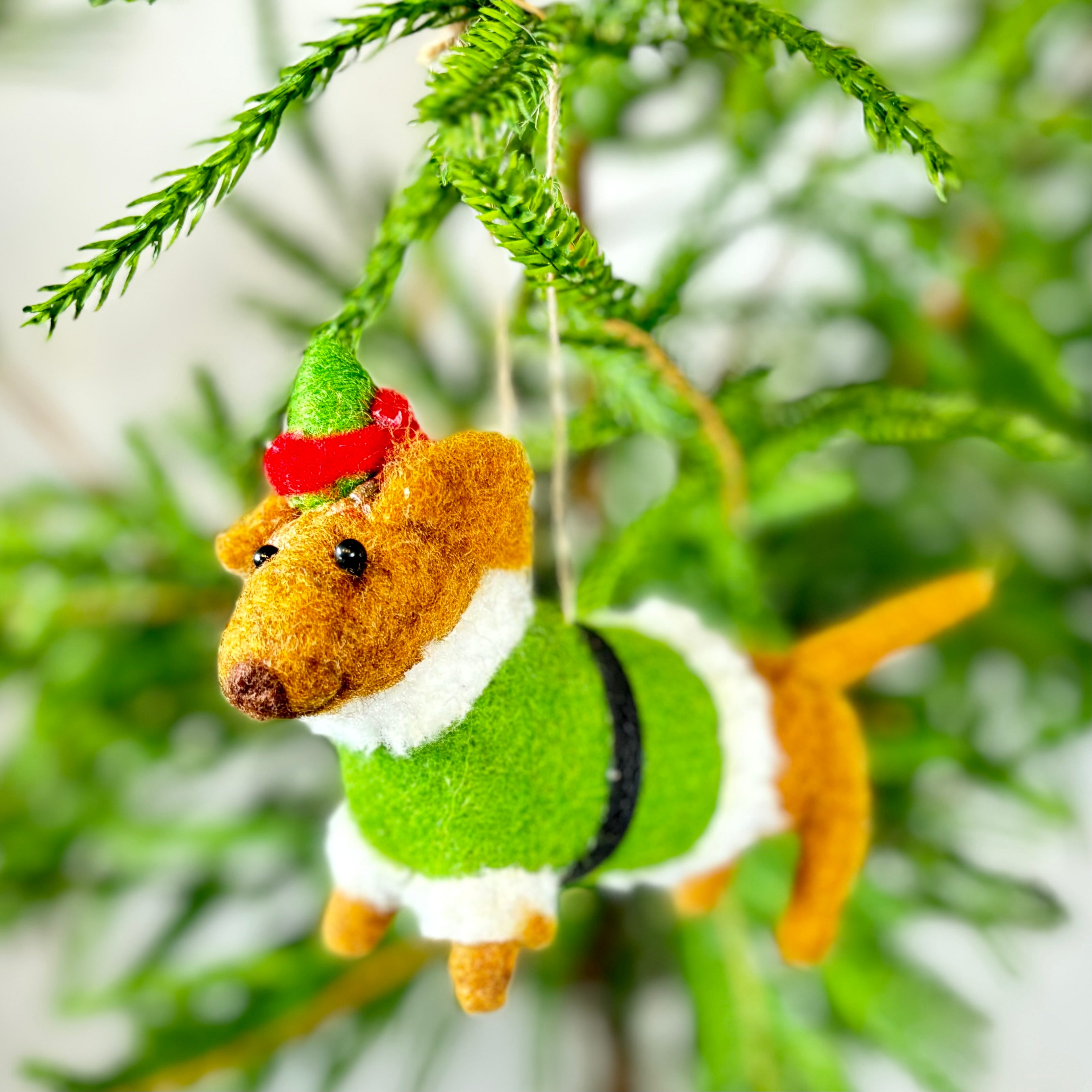 Felt Daschund in Green Santa Outfit Ornament