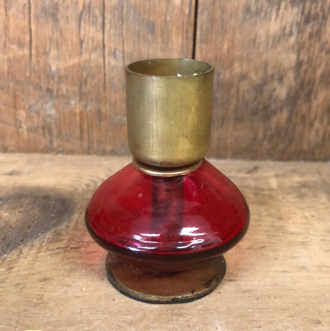 Red Glass and Metal Taper Candle Holder Small