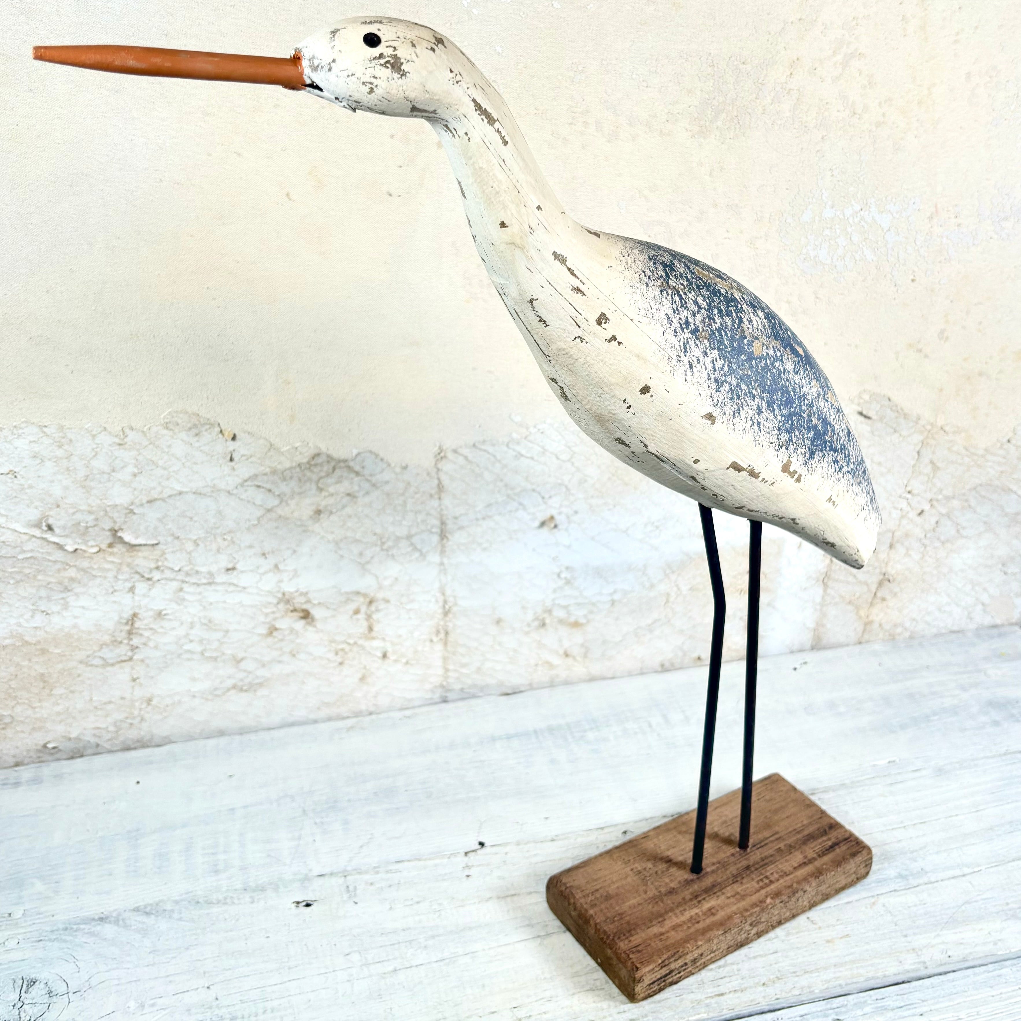 White and Gray Wood and Metal Heron Standing on Base Tall