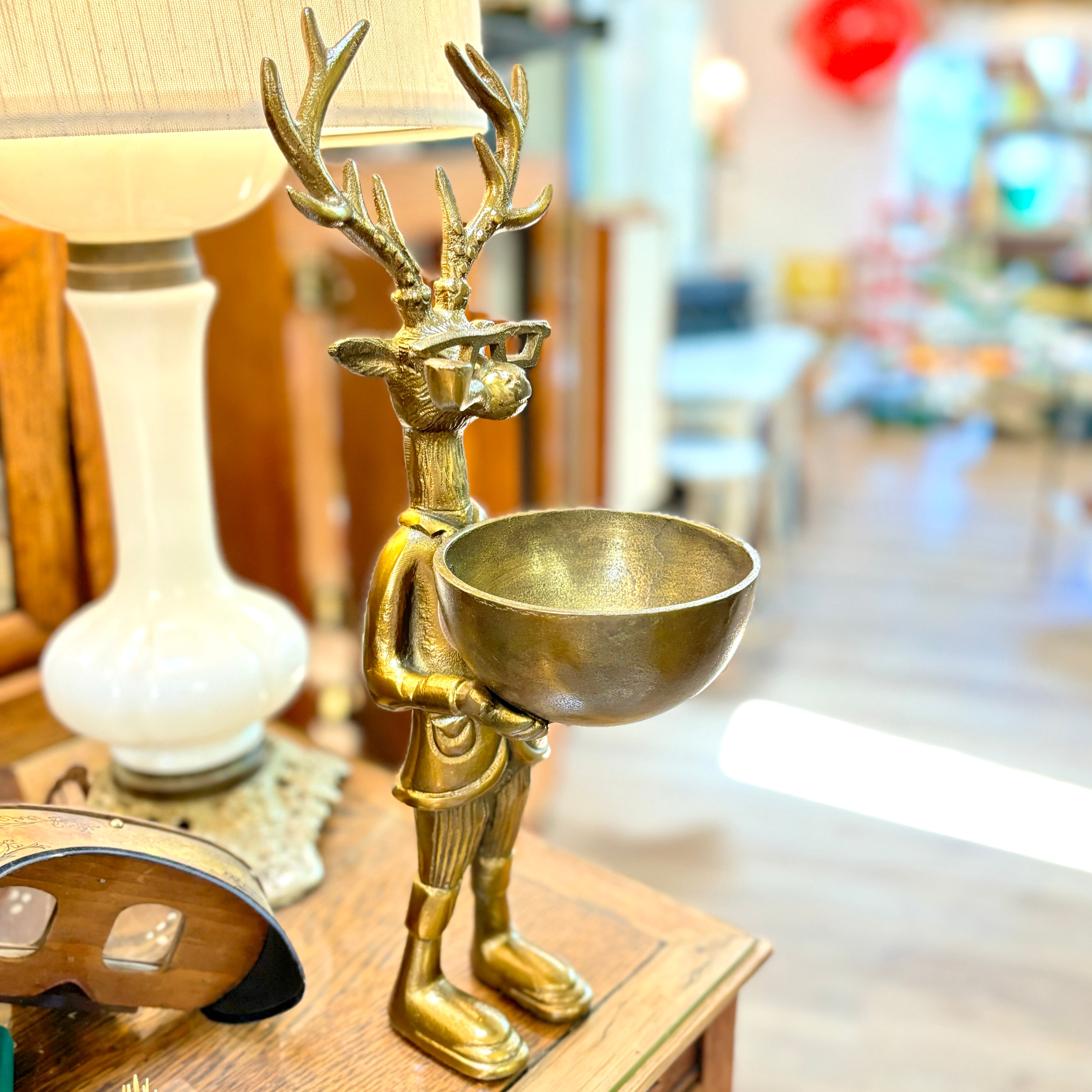 Brass Standing Deer with Bowl