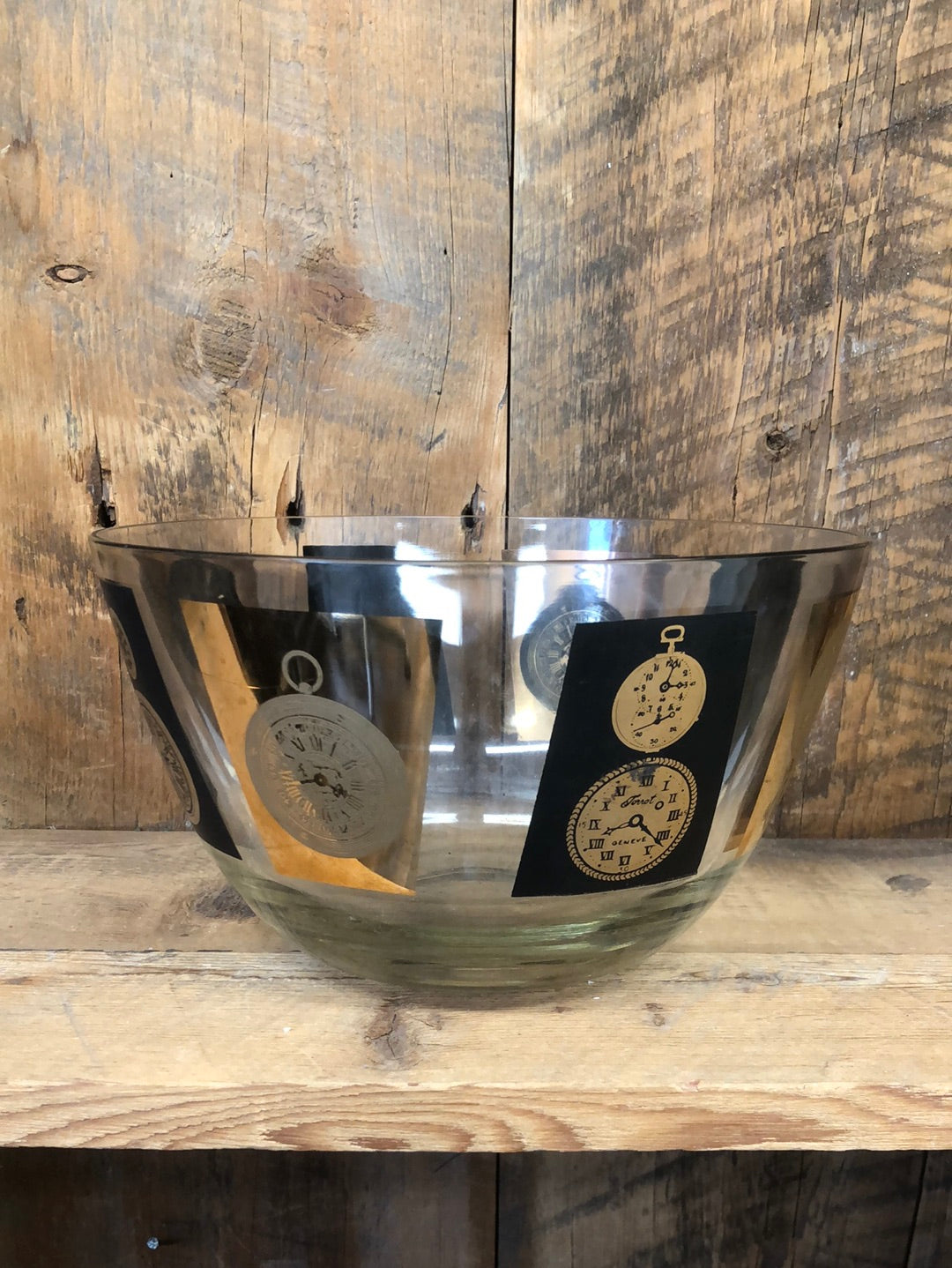 Mid Century Modern Glass Bowl with Black and Gold Clocks