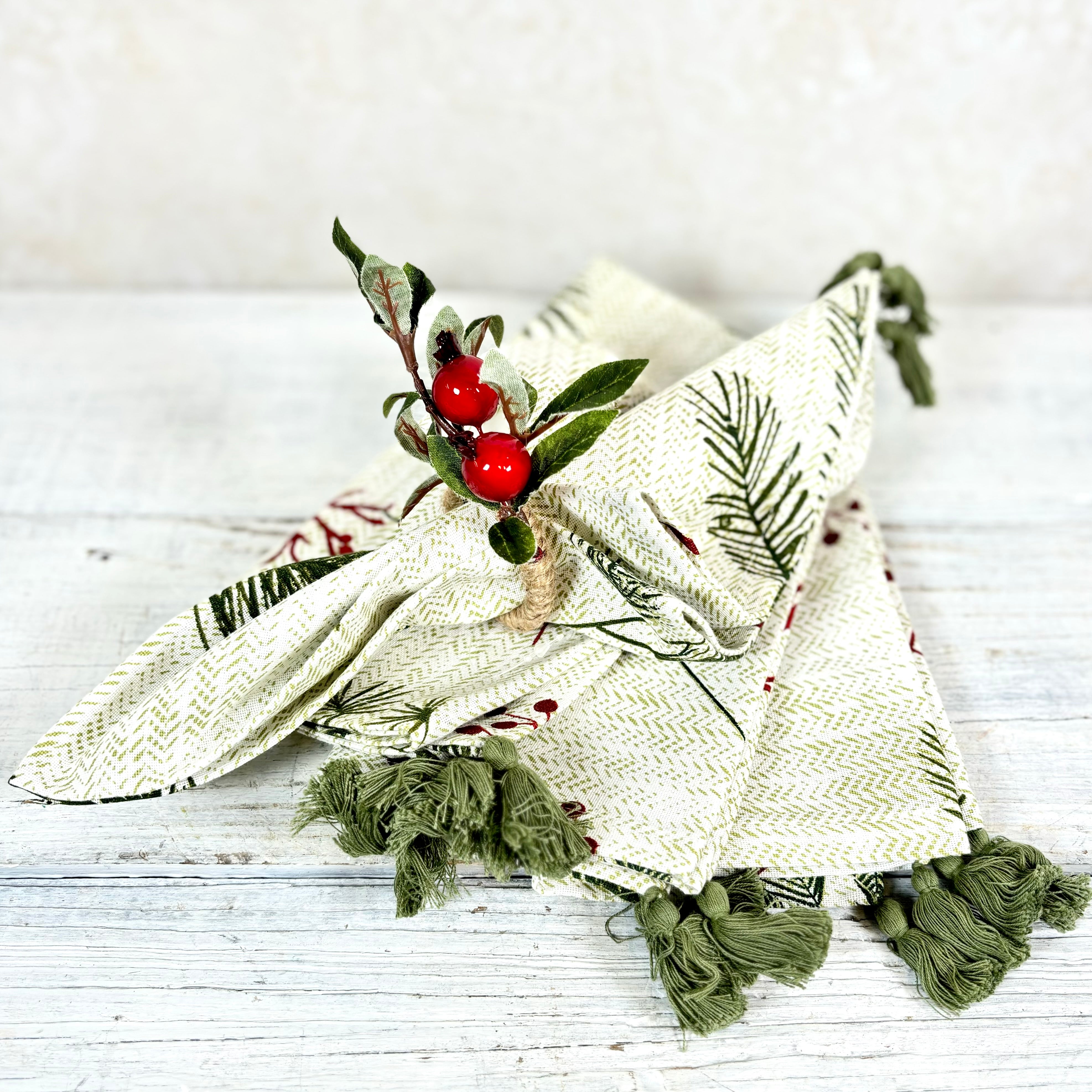 Cotton Napkin with Pine Needle and Red Berry Set of Four