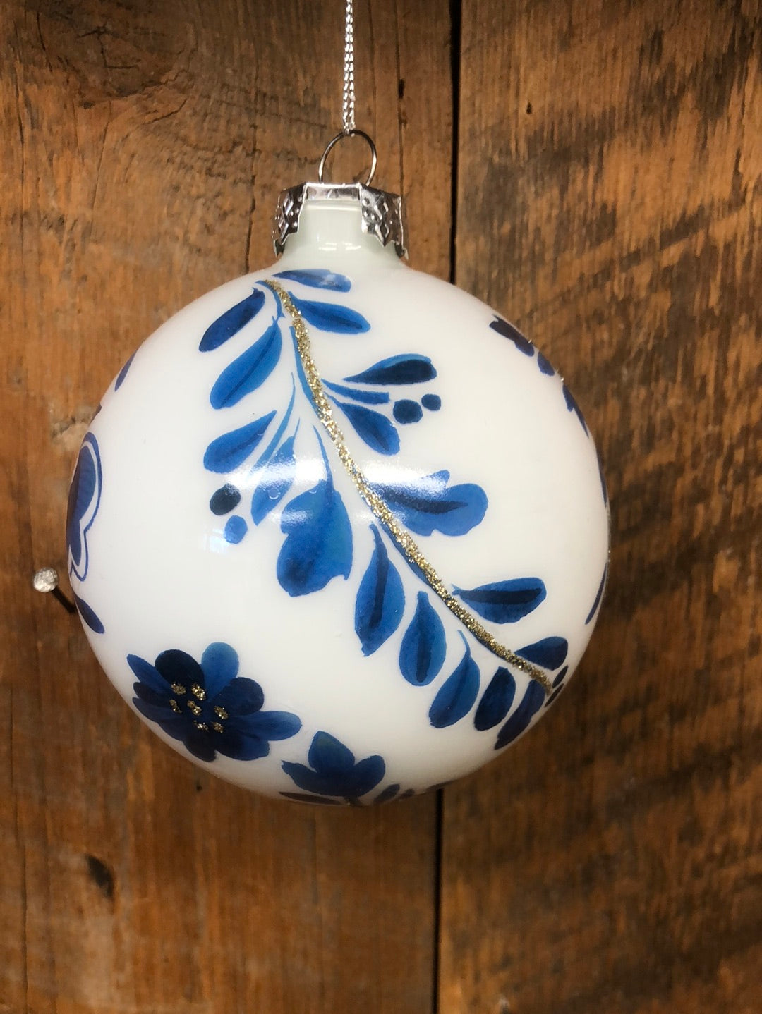 Flowering Chinoiserie Glass Ball Ornament Blue White