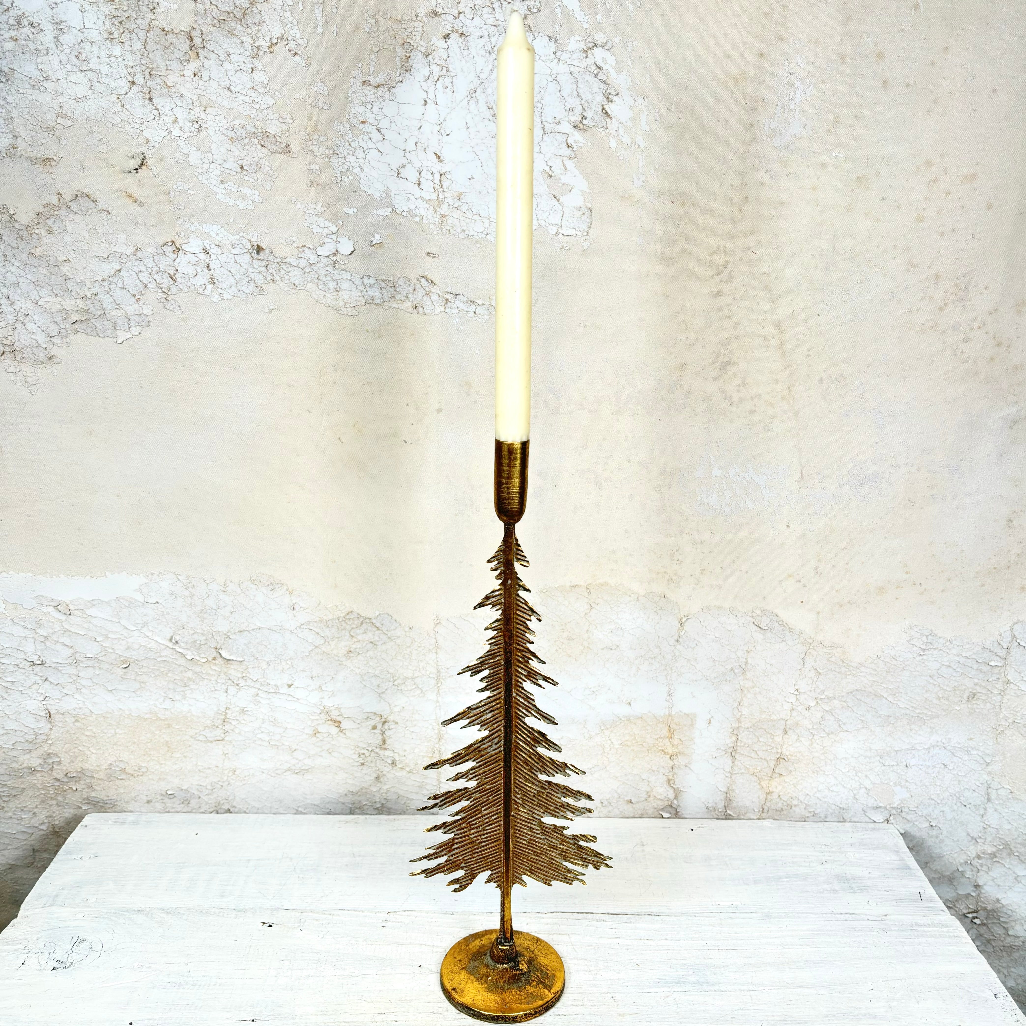 Verdigris Gold Metal Pine Tree Candle Stick Short