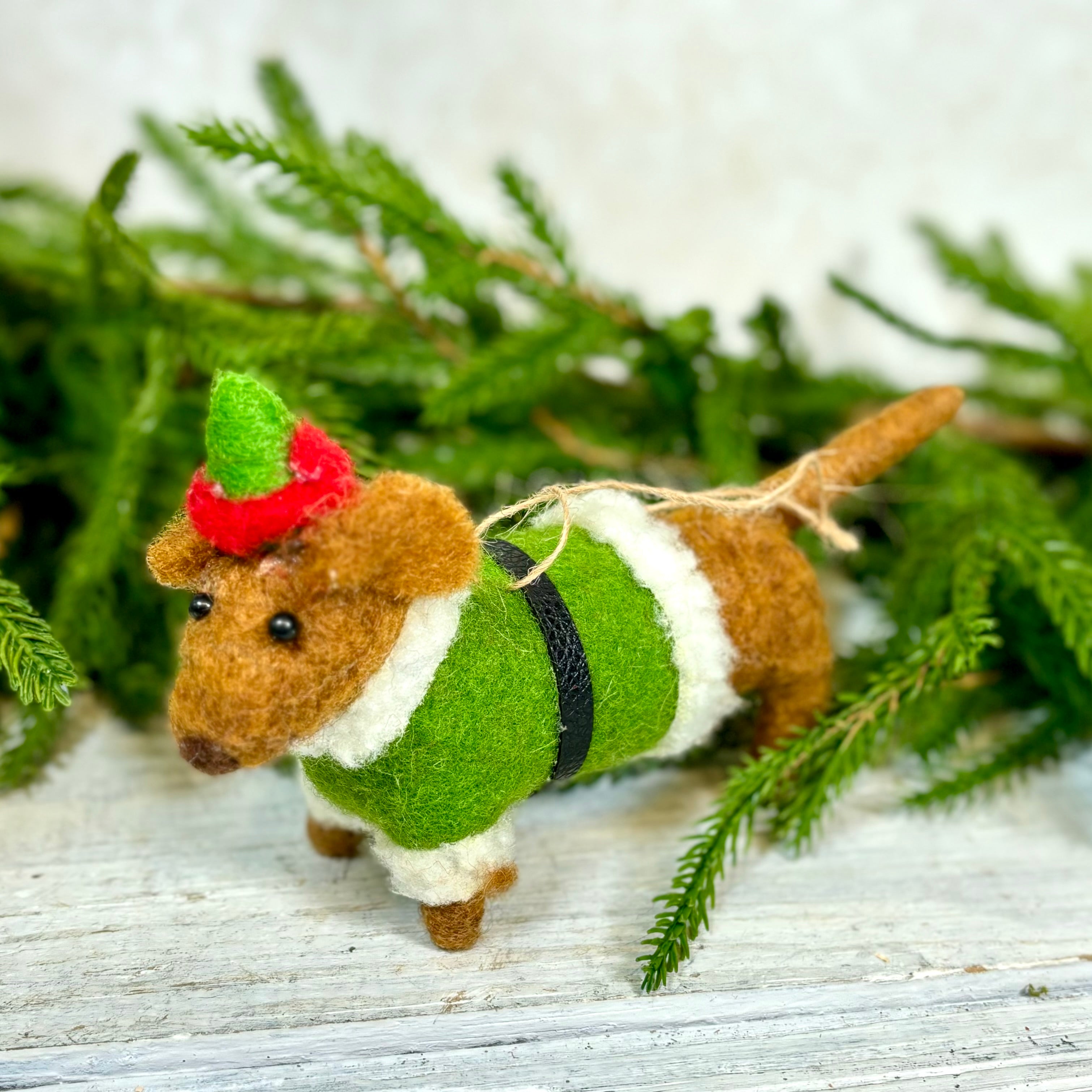 Felt Daschund in Green Santa Outfit Ornament