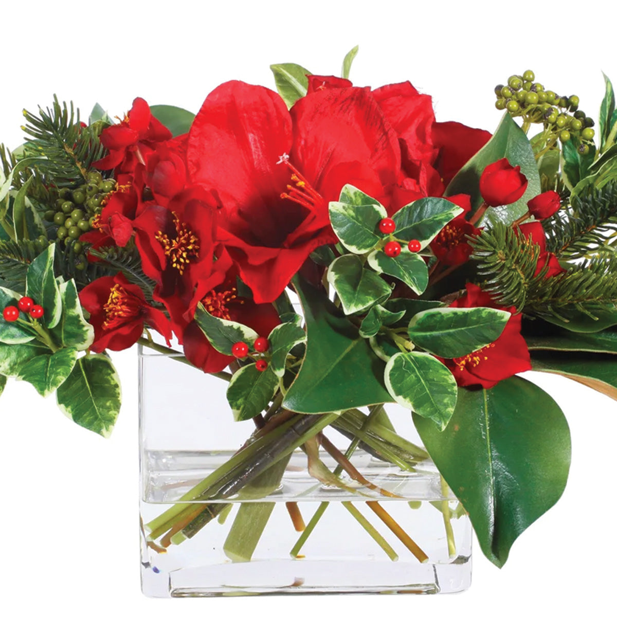 Red Holiday Amaryllis  and Holly in Vase Large