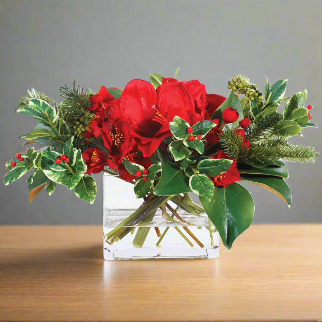 Red Holiday Amaryllis  and Holly in Vase Large