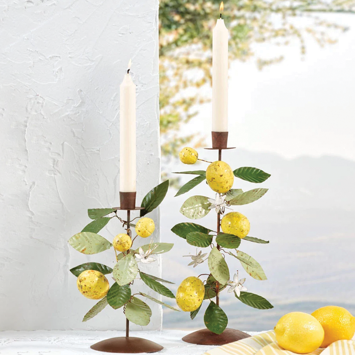 Tall Metal Taper Holder with Lemon and Leaves