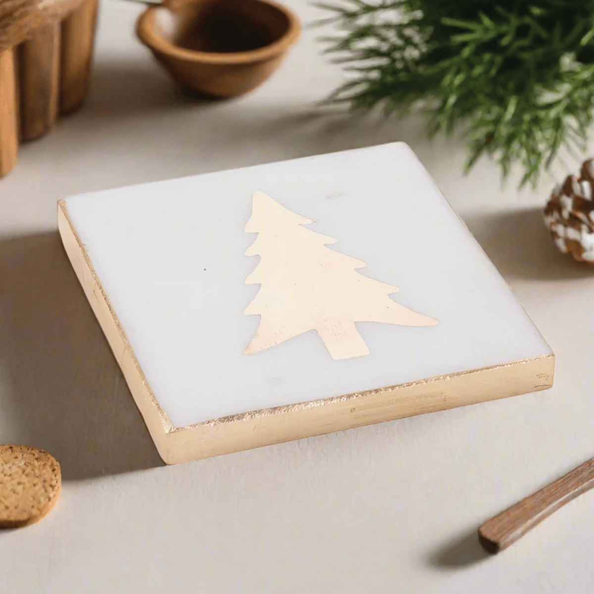 Marble Coaster with Gold Tree Insert Set of Four